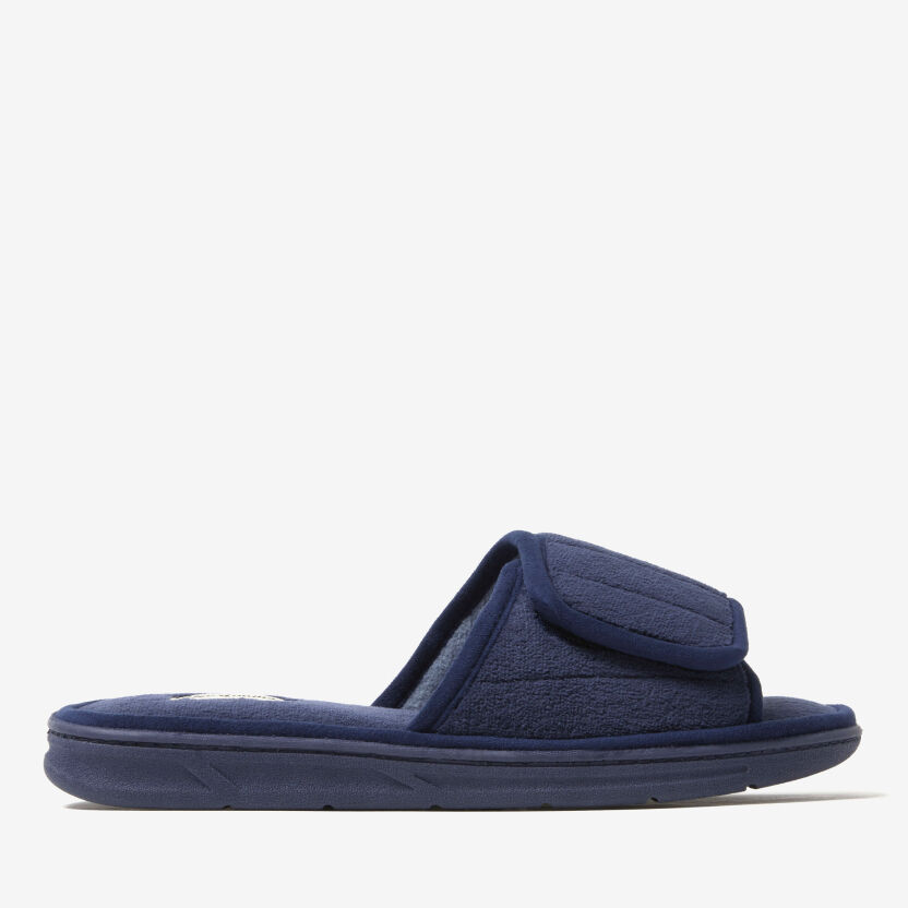 Navy blue open-toe slide slipper with an adjustable hook-and-loop strap and cushioned sole, shown in side profile against a light gray background.
