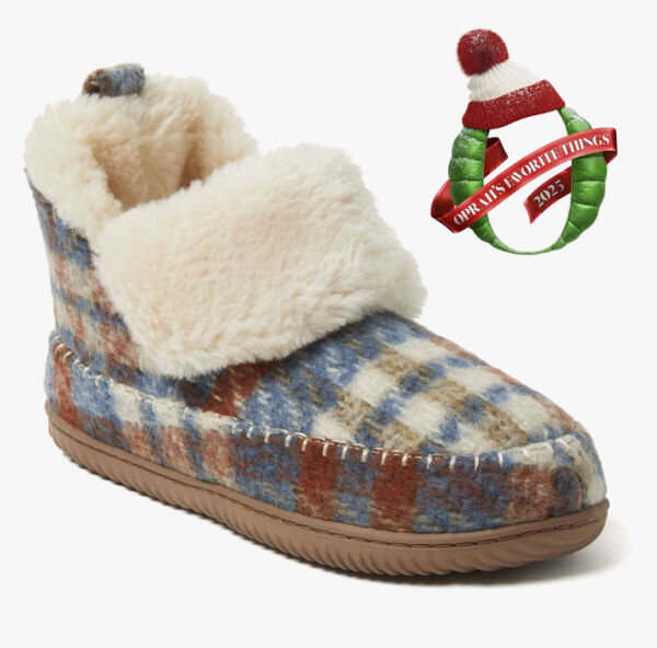 Women's Moritz Bootie shown in plaid with a fleece lining and rubber sole. In the top corner of photo is a ribbon wreath labeled 'Oprah's Favorite Things 2025'.