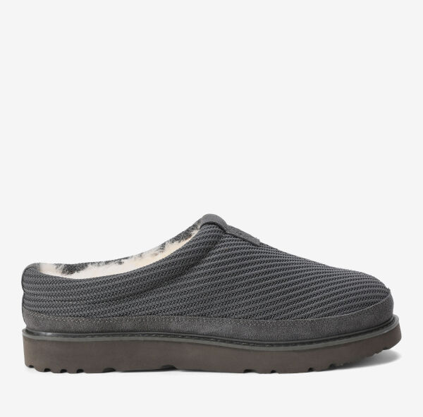 Men's charcoal water-resistant flex knit clog with a stretchy, breathable upper, genuine 100% Australian shearling lining, memory foam footbed, and durable indoor/outdoor rubber outsole.