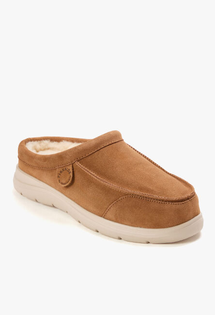 Chestnut suede mule slipper with a cream cushioned sole and soft shearling lining.