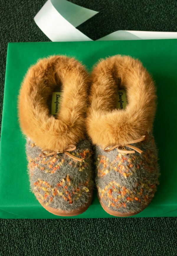 Women&rsquo;s knit slippers with faux-fur trim displayed on a green holiday gift box.