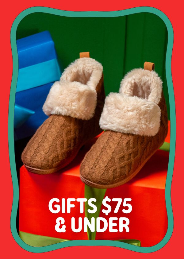 Brown cable-knit bootie slippers with faux-fur trim. Gifts $75 & Under.
