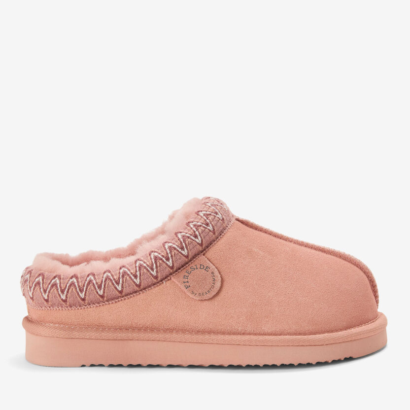 Blush pink suede-look mule slippers with faux fur trim and decorative whipstitch detailing around the collar.