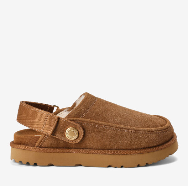 Brown suede convertible clog with an adjustable heel strap, 100% Shearling lining, and indoor/outdoor outsole.