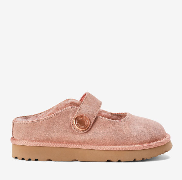 Pink 100% genuine suede Mary Jane slip-on, 100% Shearling lining, and durable indoor/outdoor sole.