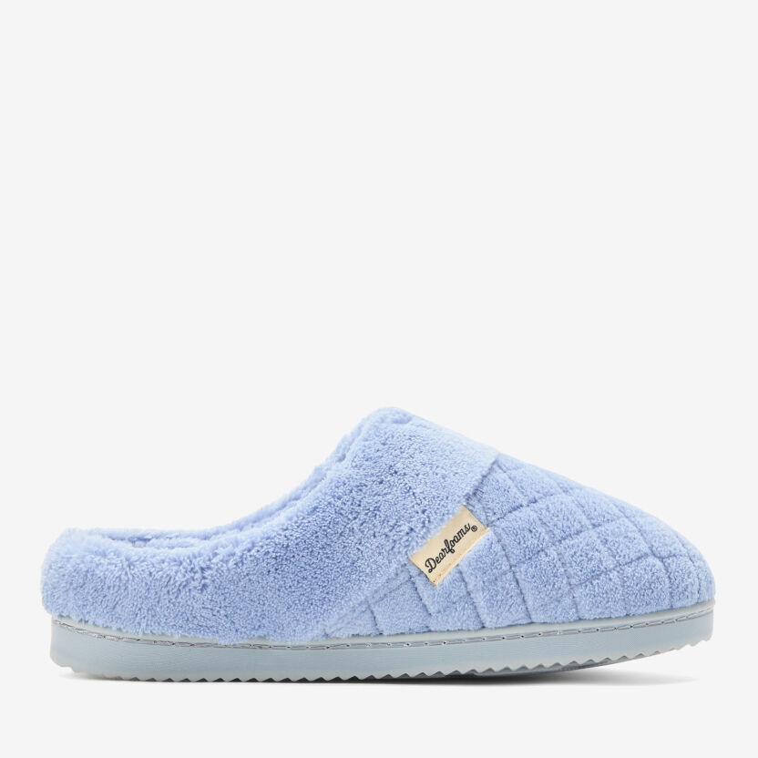 Light blue plush closed-toe slippers with a quilted upper and cushioned sole, shown in side profile.