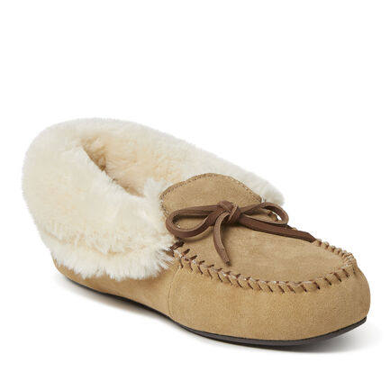Women's Genuine Suede Foldover Moccasin with Tie Slipper