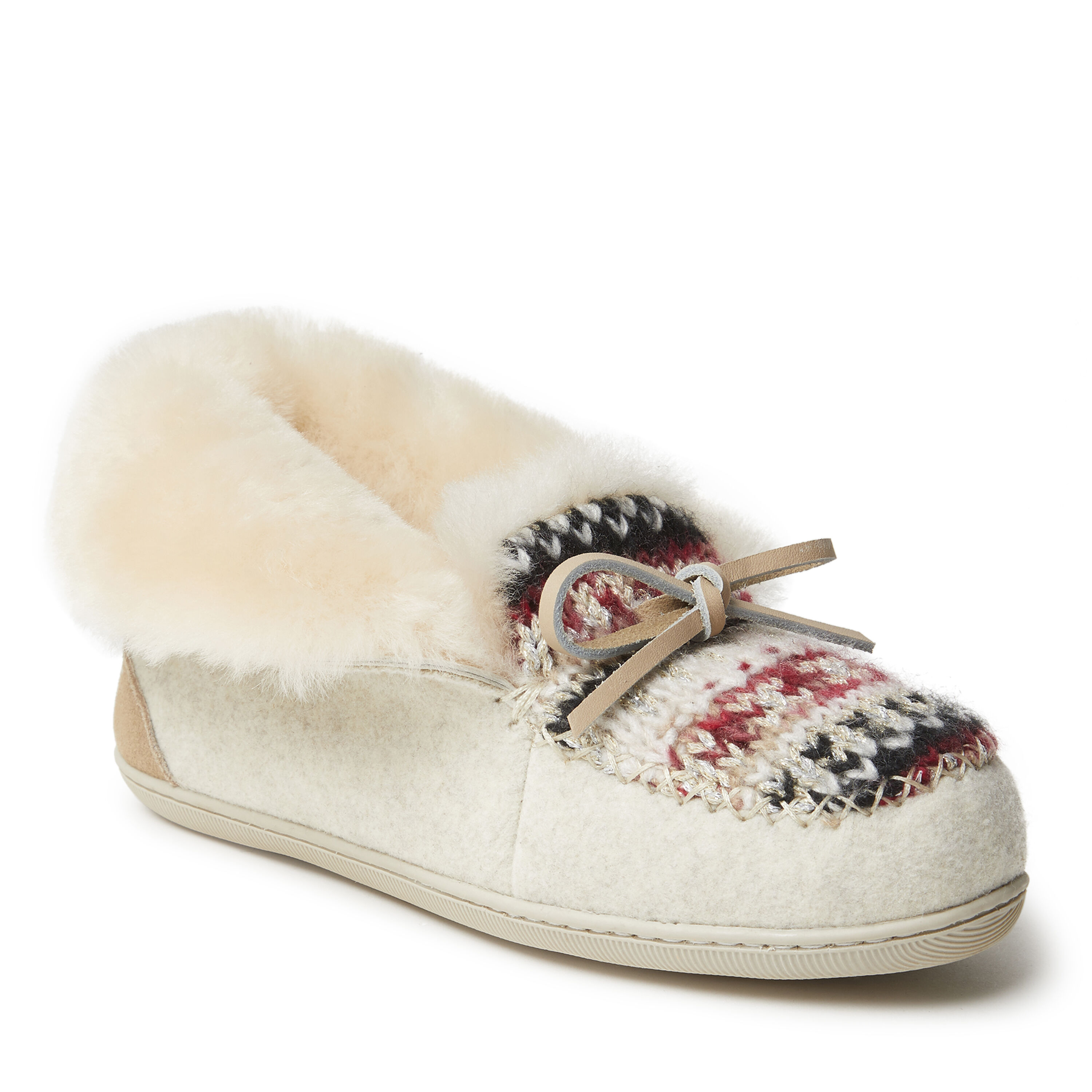 Women's Brisbane Sparkle Fairisle Knit, Microwool and Genuine Shearling Foldover Moccasin Slipper with Tie