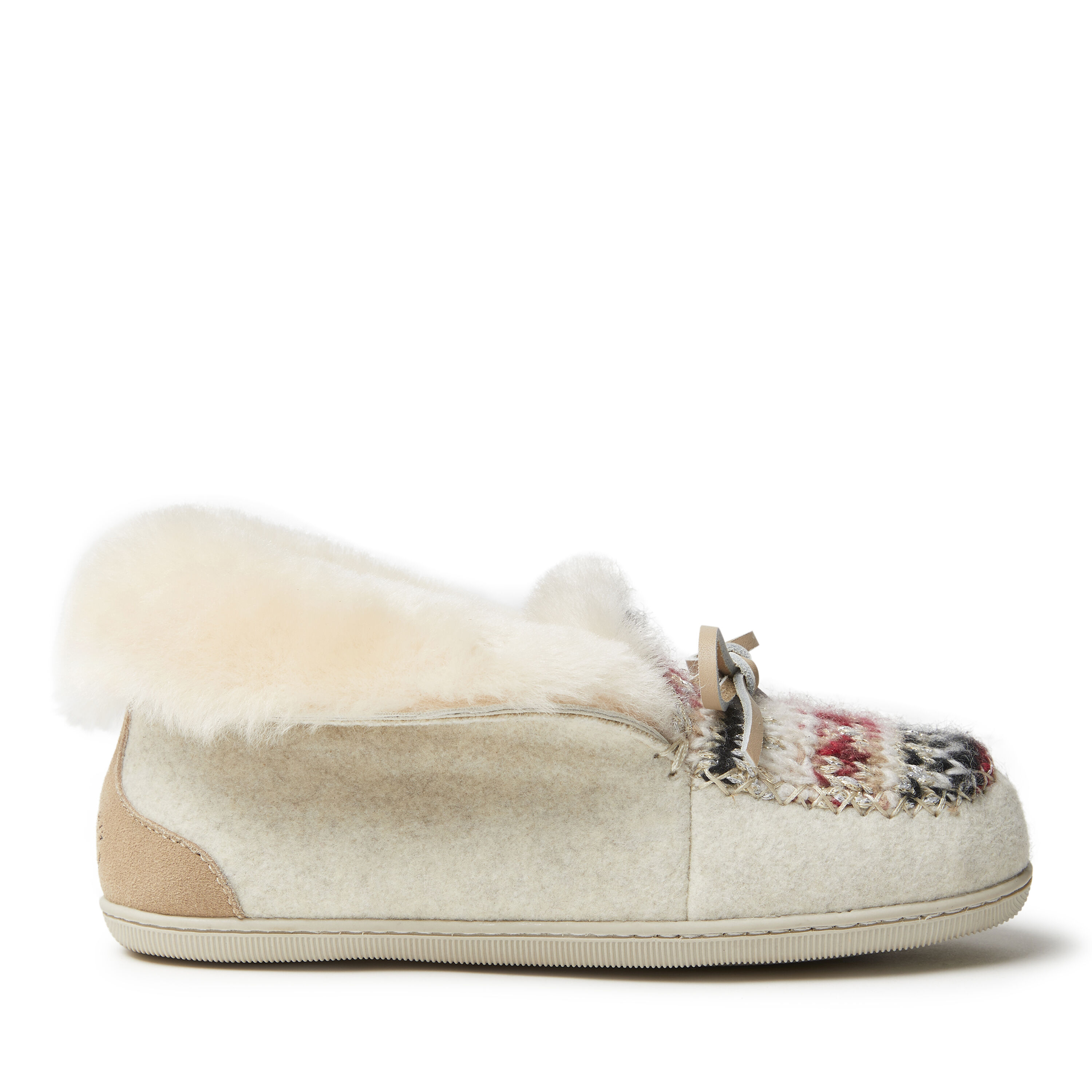 Women's Brisbane Sparkle Fairisle Knit, Microwool and Genuine Shearling Foldover Moccasin Slipper with Tie
