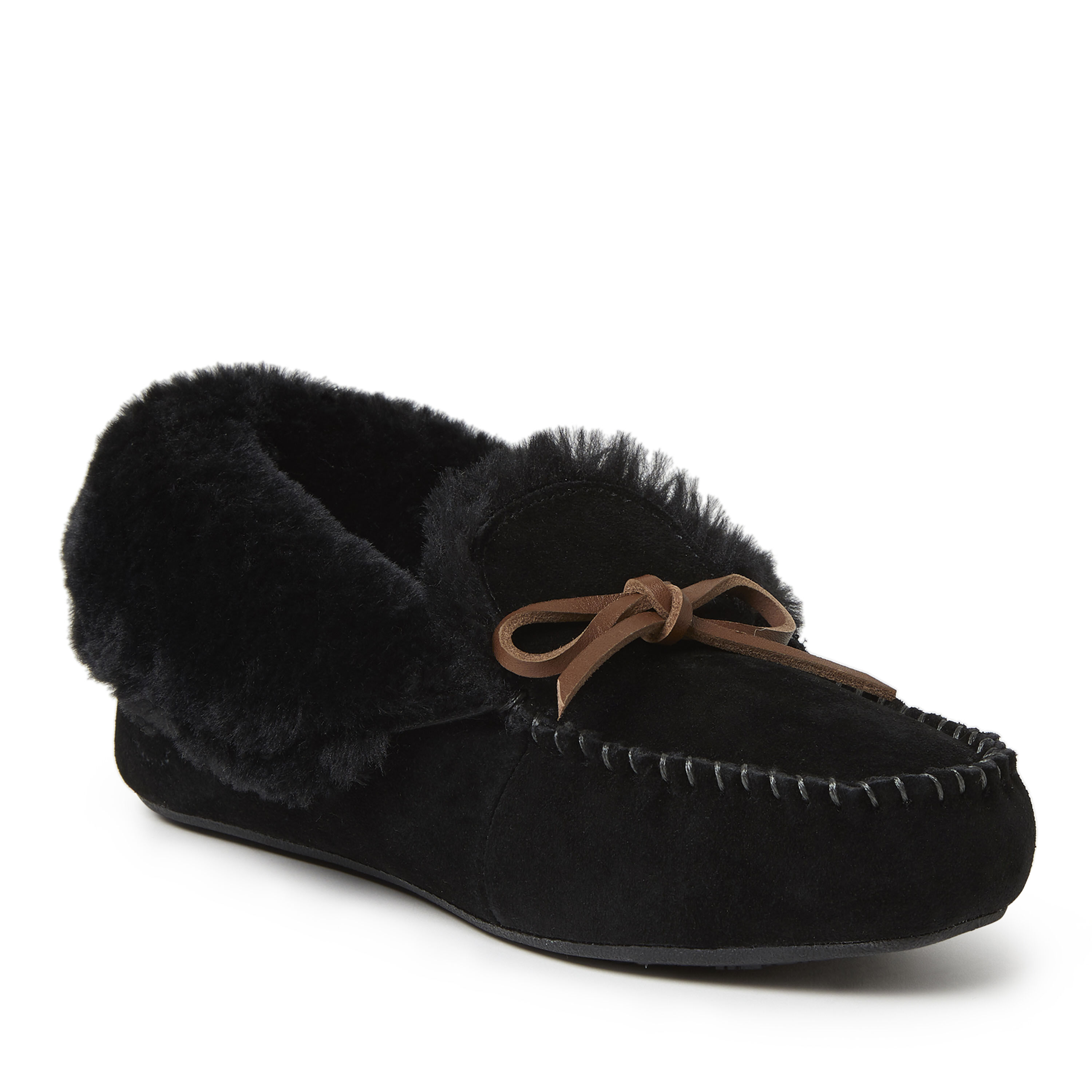 Women's Genuine Suede Foldover Moccasin with Tie Slipper