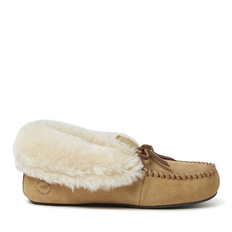 Women's Genuine Suede Foldover Moccasin with Tie Slipper