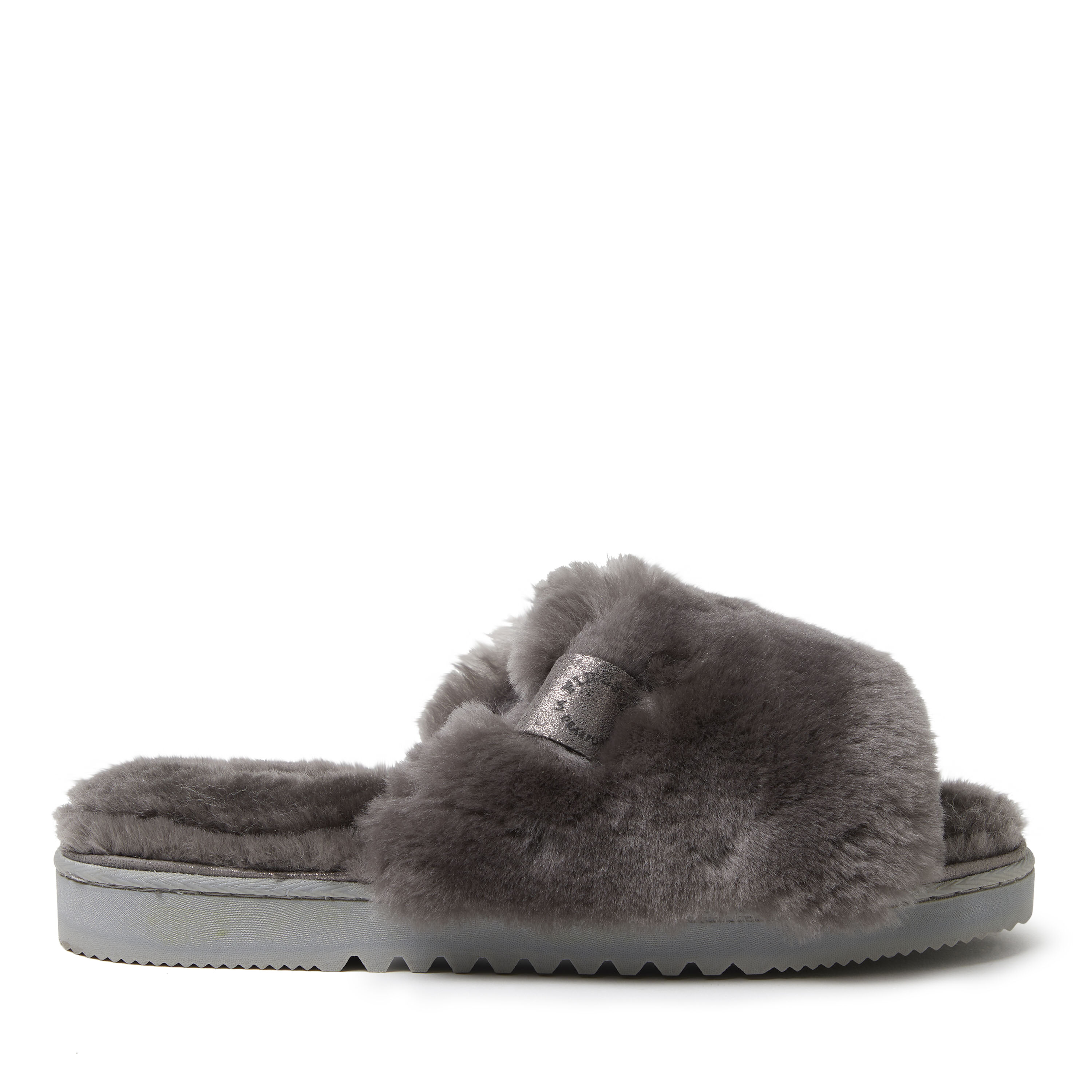 Women s Fireside by Dearfoams Cairns Genuine Shearling Slide Slipper with Metallic Suede Trim