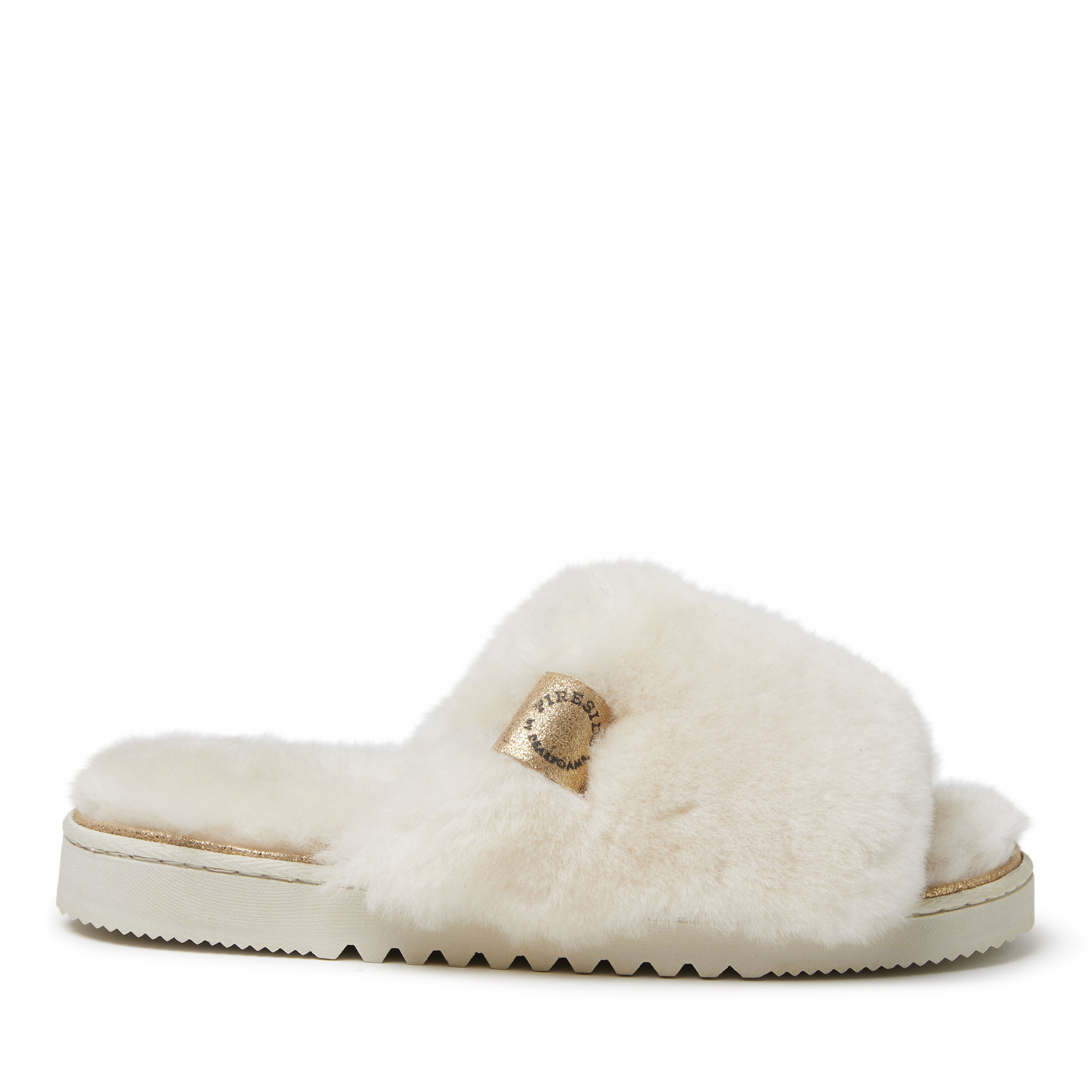 Women's Fireside by Dearfoams Cairns Genuine Shearling Slide Slipper with Metallic Suede Trim