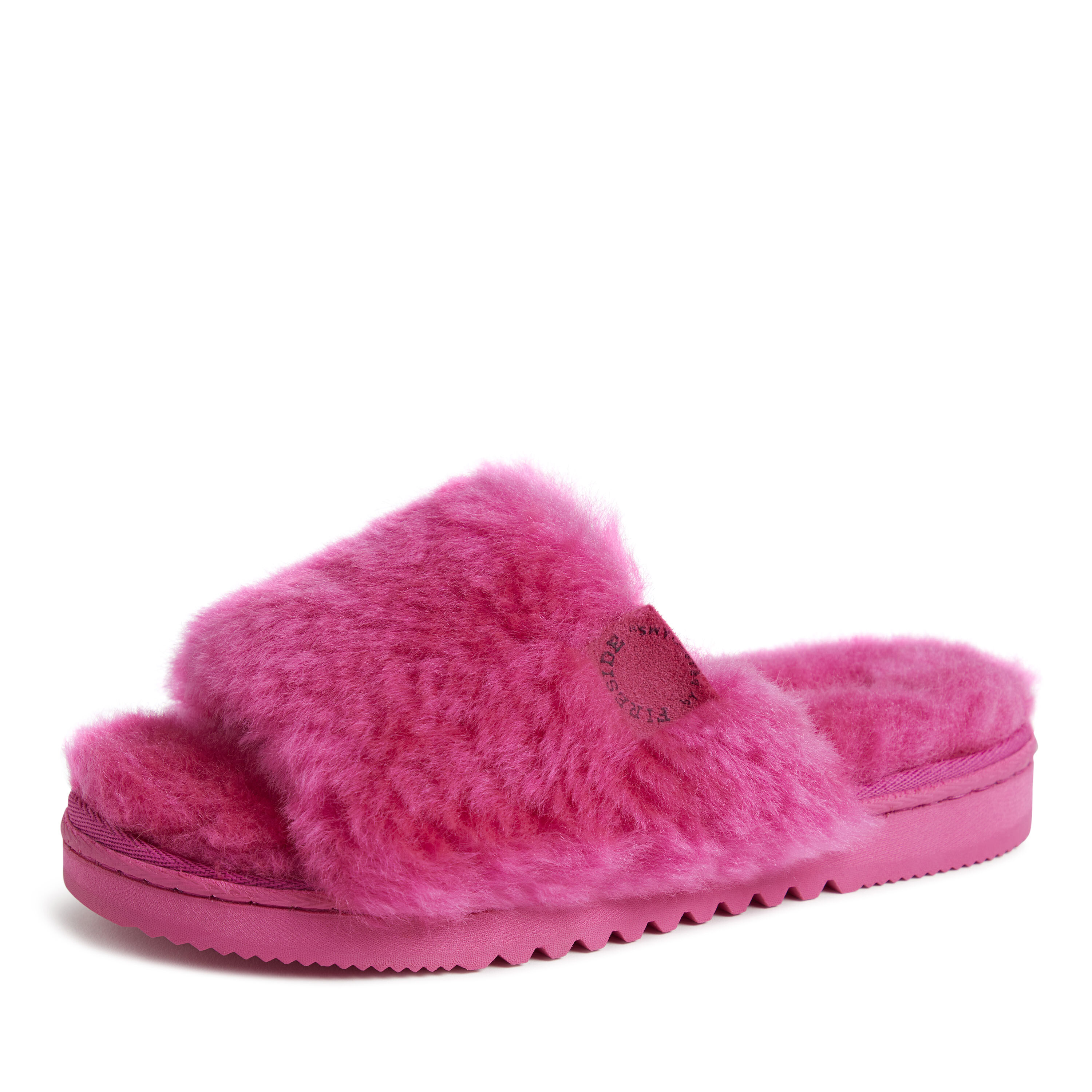Women s Fireside by Dearfoams Cairns Genuine Shearling Slide Slipper with Metallic Suede Trim