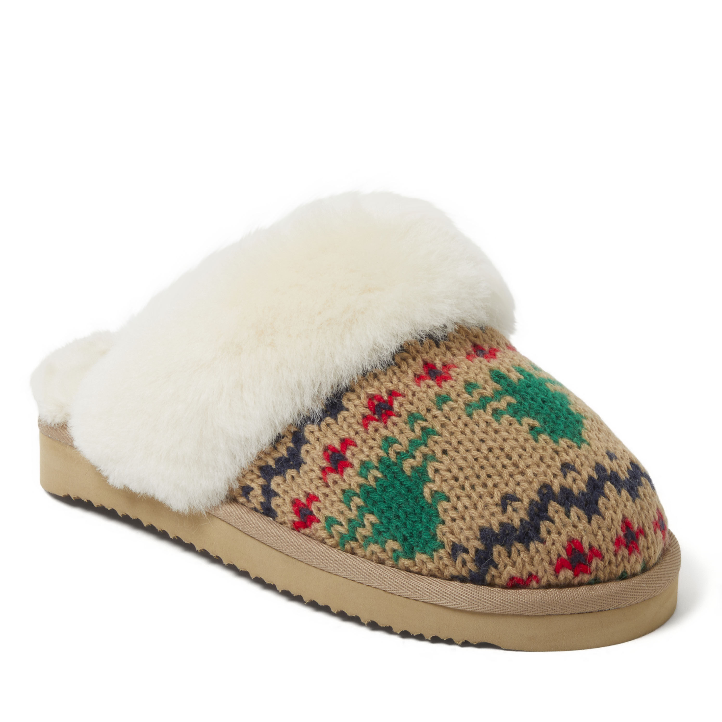 Fireside by Dearfoams Women s Sydney Holiday Fair Isle Genuine Shearling Scuff Slipper Desert Size 9