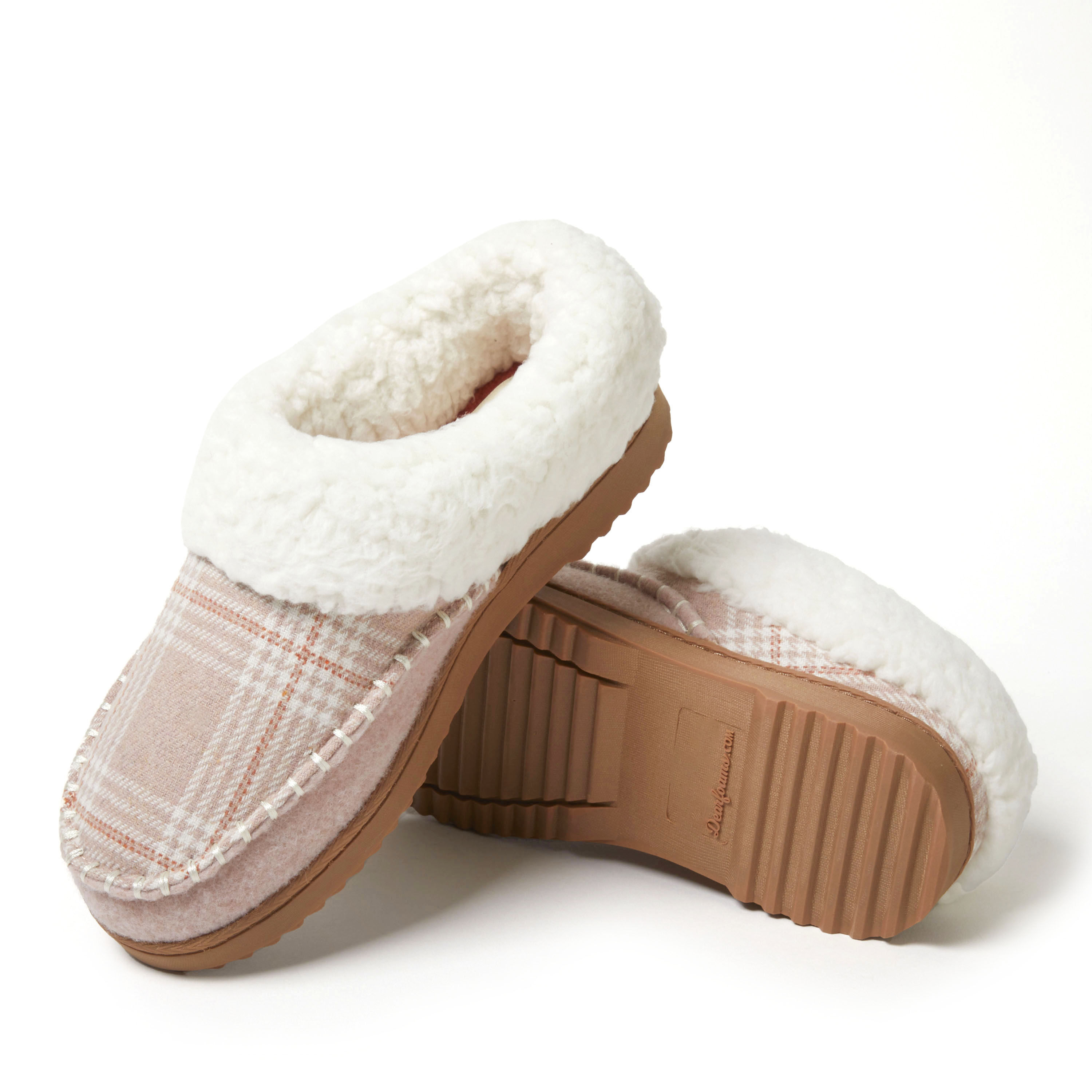 Dearfoams Women s Nyla Felted Plaid Moc Toe Clog Slippers Pale Mauve Size XL