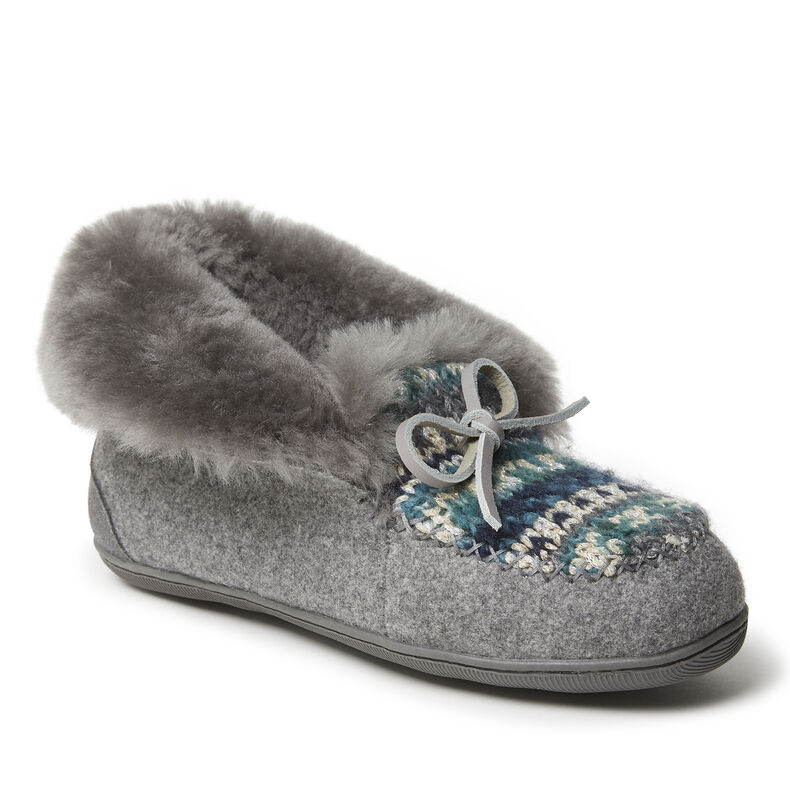 Women's Brisbane Sparkle Fairisle Knit, Microwool and Genuine Shearling Foldover Moccasin Slipper with Tie