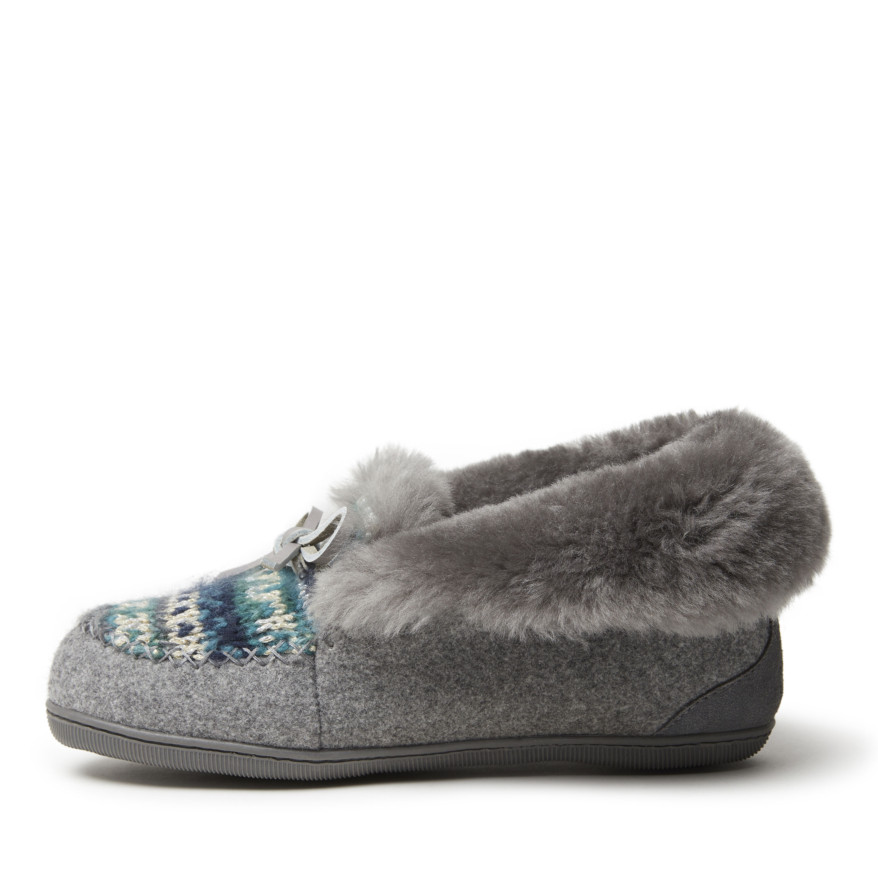 Women's Brisbane Sparkle Fairisle Knit, Microwool and Genuine Shearling Foldover Moccasin Slipper with Tie