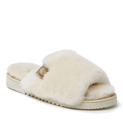 Women's Fireside by Dearfoams Cairns Genuine Shearling Slide Slipper with Metallic Suede Trim