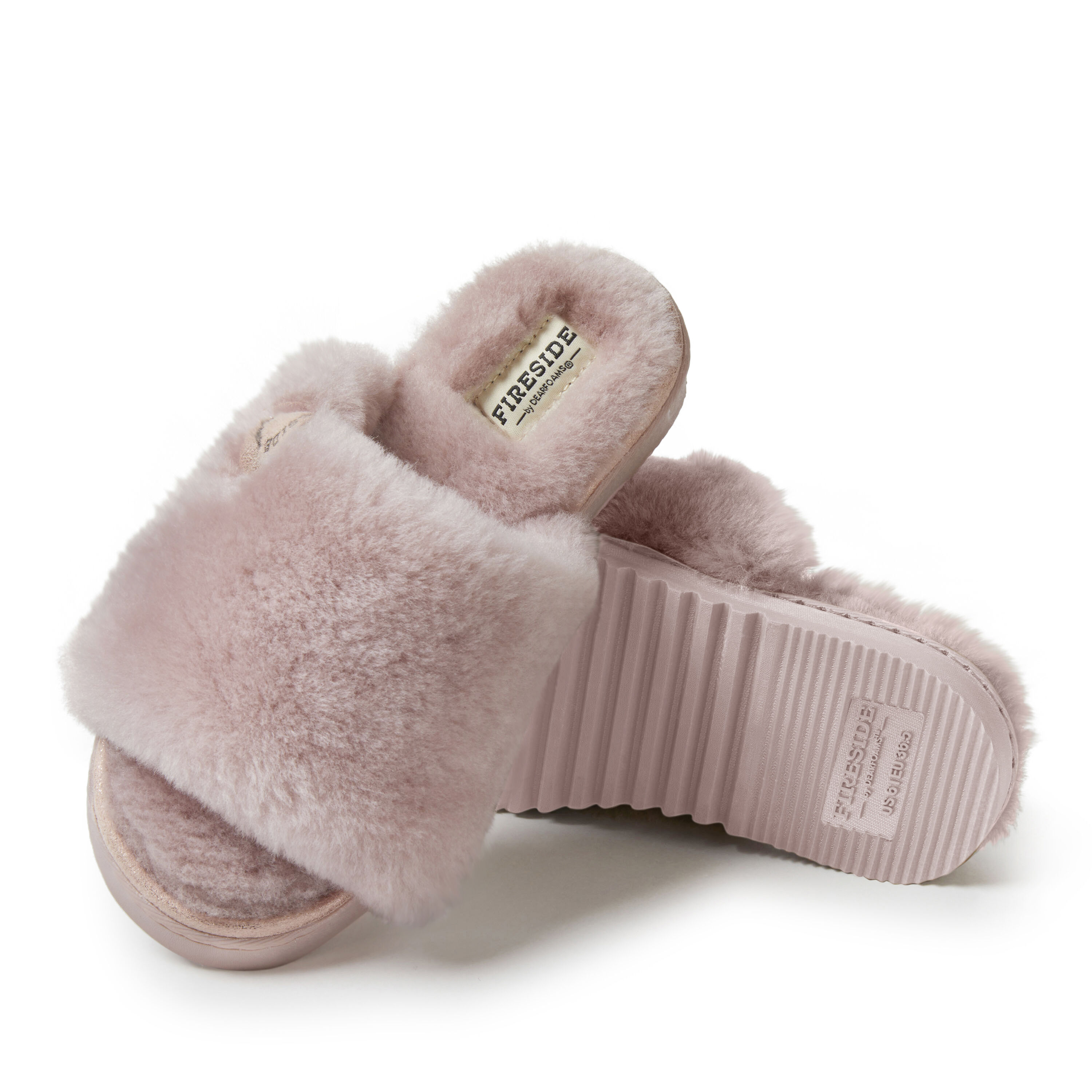 Women's Fireside by Dearfoams Cairns Genuine Shearling Slide Slipper with Metallic Suede Trim
