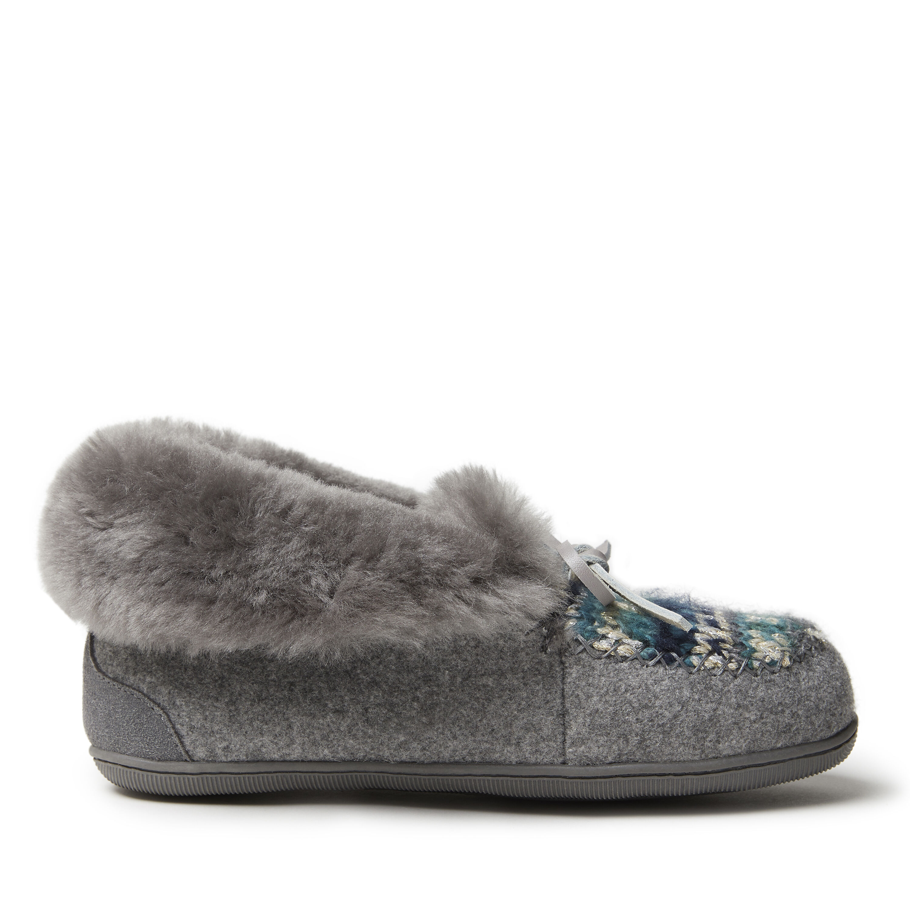 Women's Brisbane Sparkle Fairisle Knit, Microwool and Genuine Shearling Foldover Moccasin Slipper with Tie