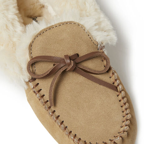 TRU7 Women's Brown Suede Moccasin Slippers – Faux Fur Lined, Non-Slip Rubber Sole, Cozy Winter Outdoor Wear