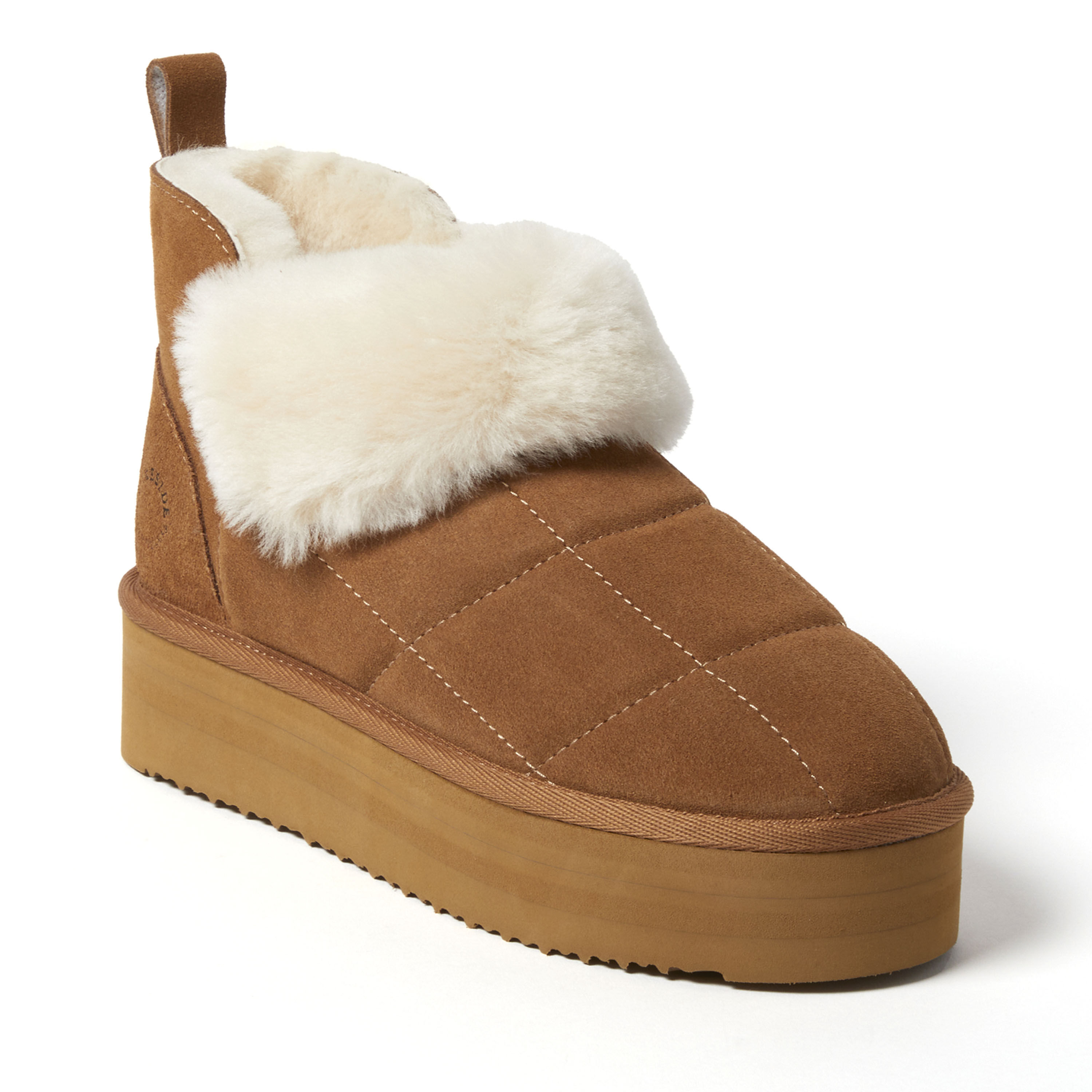 dearfoams Women's Bayswater Genuine Shearling Quilted Platform Bootie