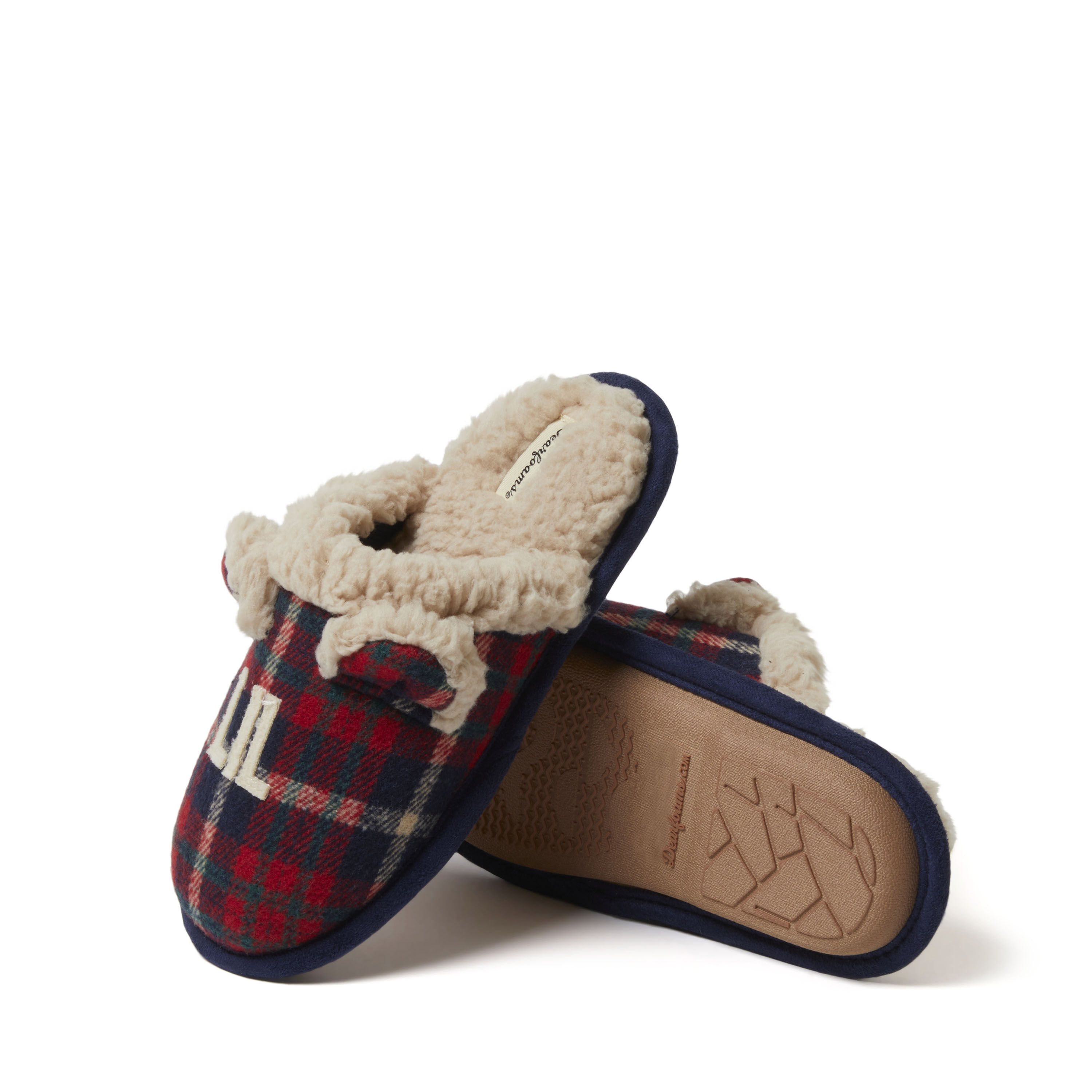 Tartan slippers with pom poms hot sale