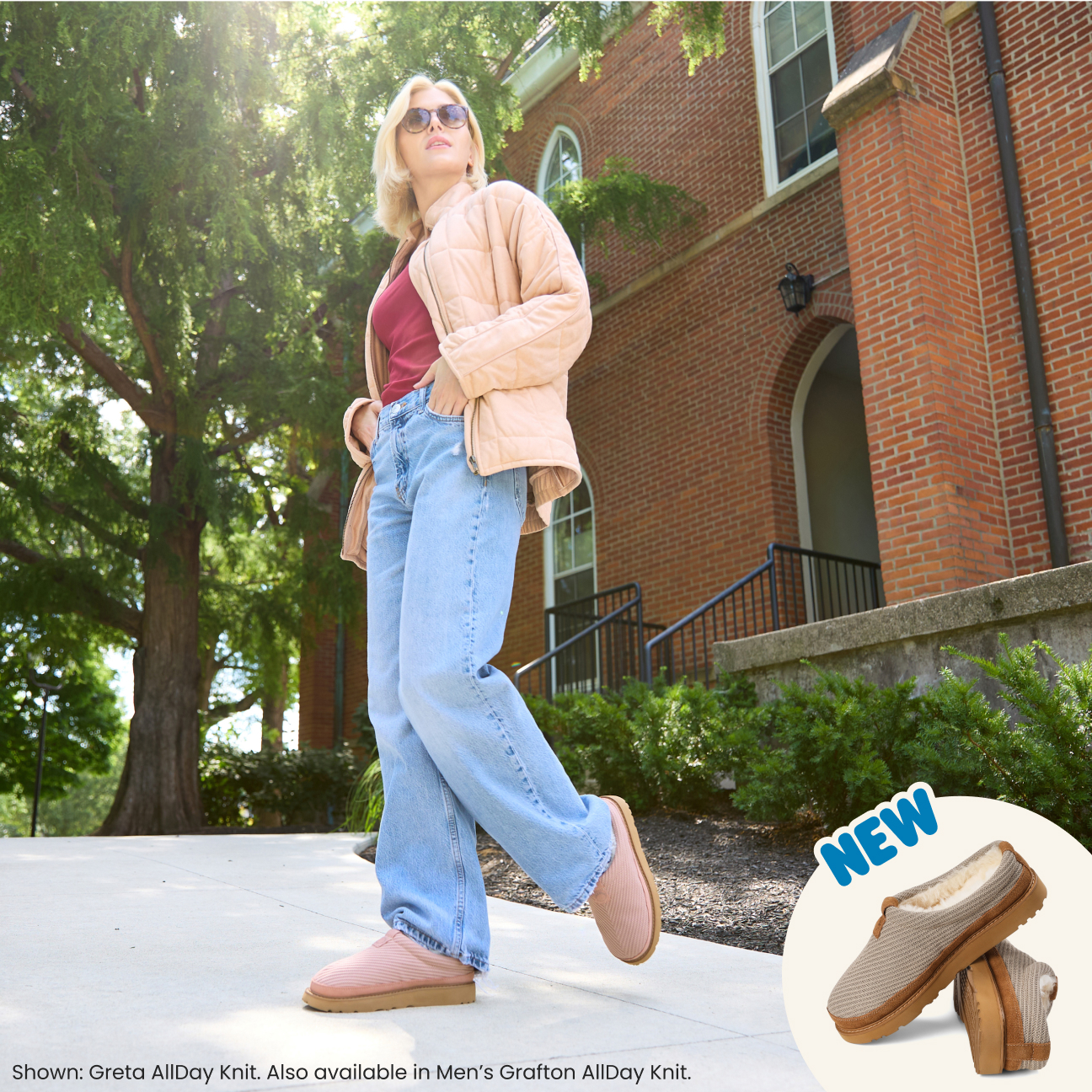 Woman wearing pink Greta AllDay Knit clog with a water-resistant, breathable flex knit upper and genuine shearling lining, shown outdoors. Also available in the men's Grafton AllDay Knit.
