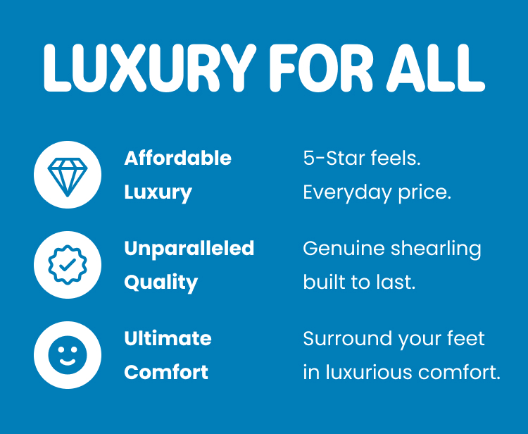 Blue promotional banner highlighting Fireside slipper features including affordable luxury, genuine shearling quality, and ultimate comfort.