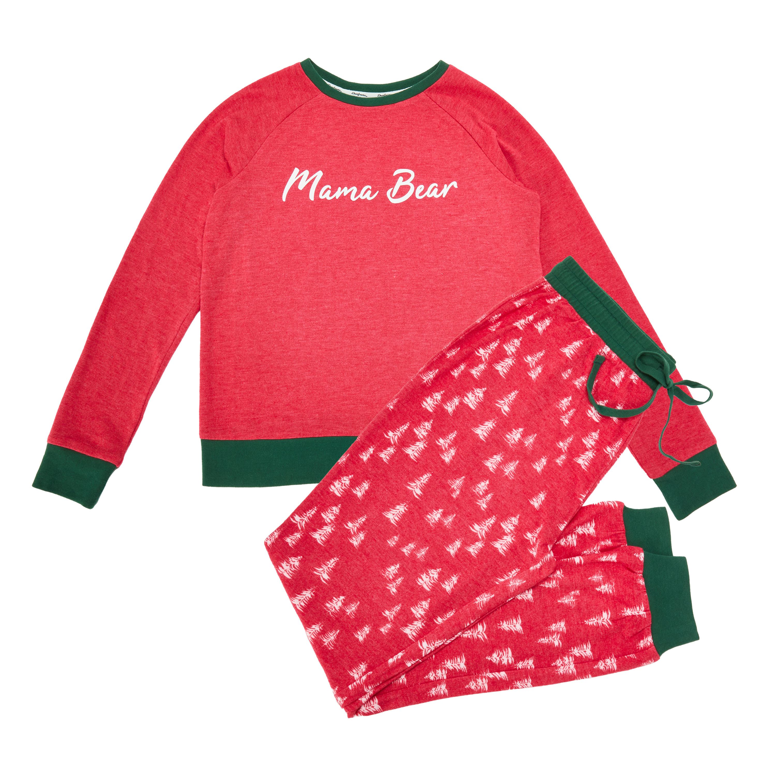 Dearfoams Women's Trees Mama Bear 2 Piece Pajama Slipper Set, Red