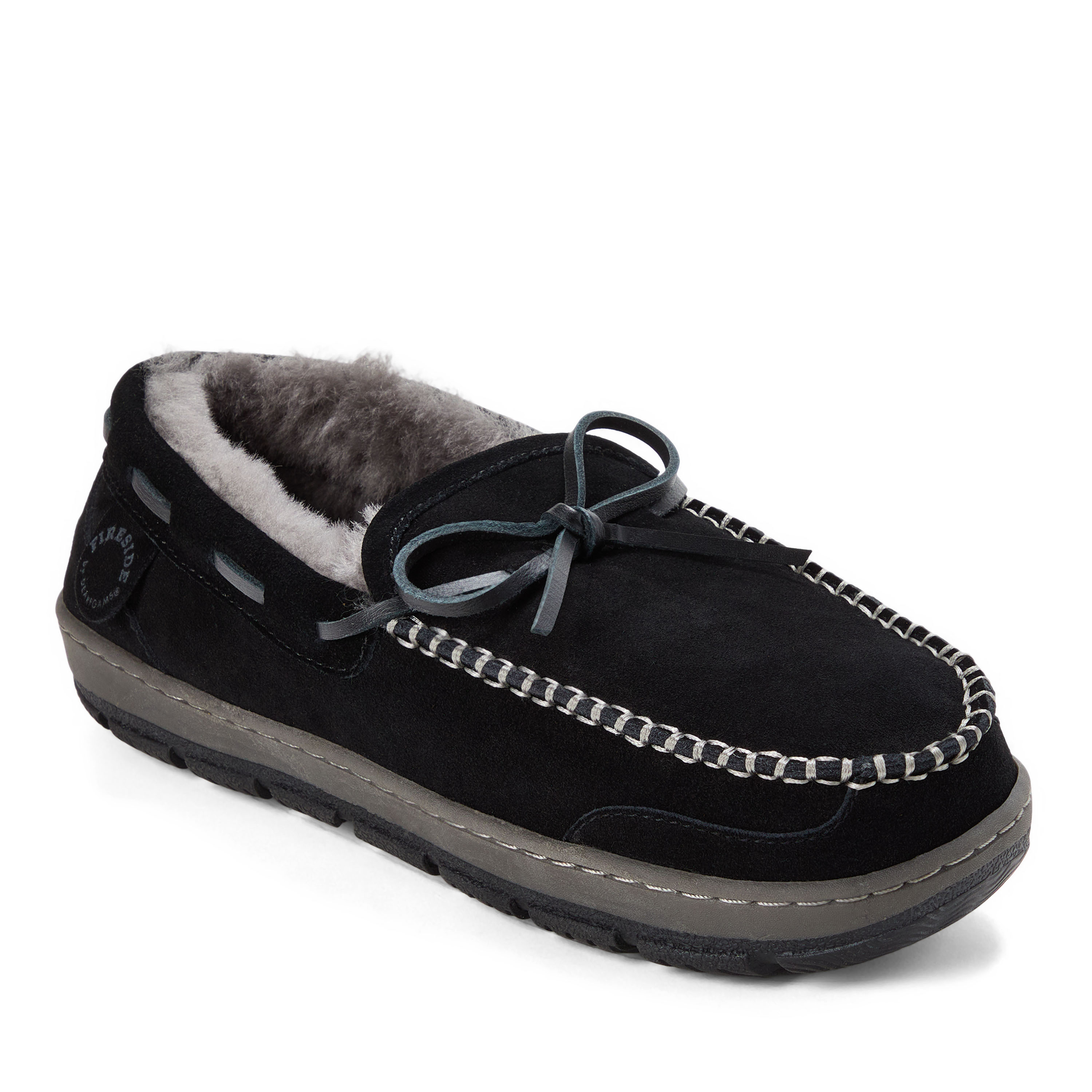 Men's Fireside by Dearfoams Forster Genuine Shearling MoccasinWith Stitching, Suede/Faux Shearling, Black