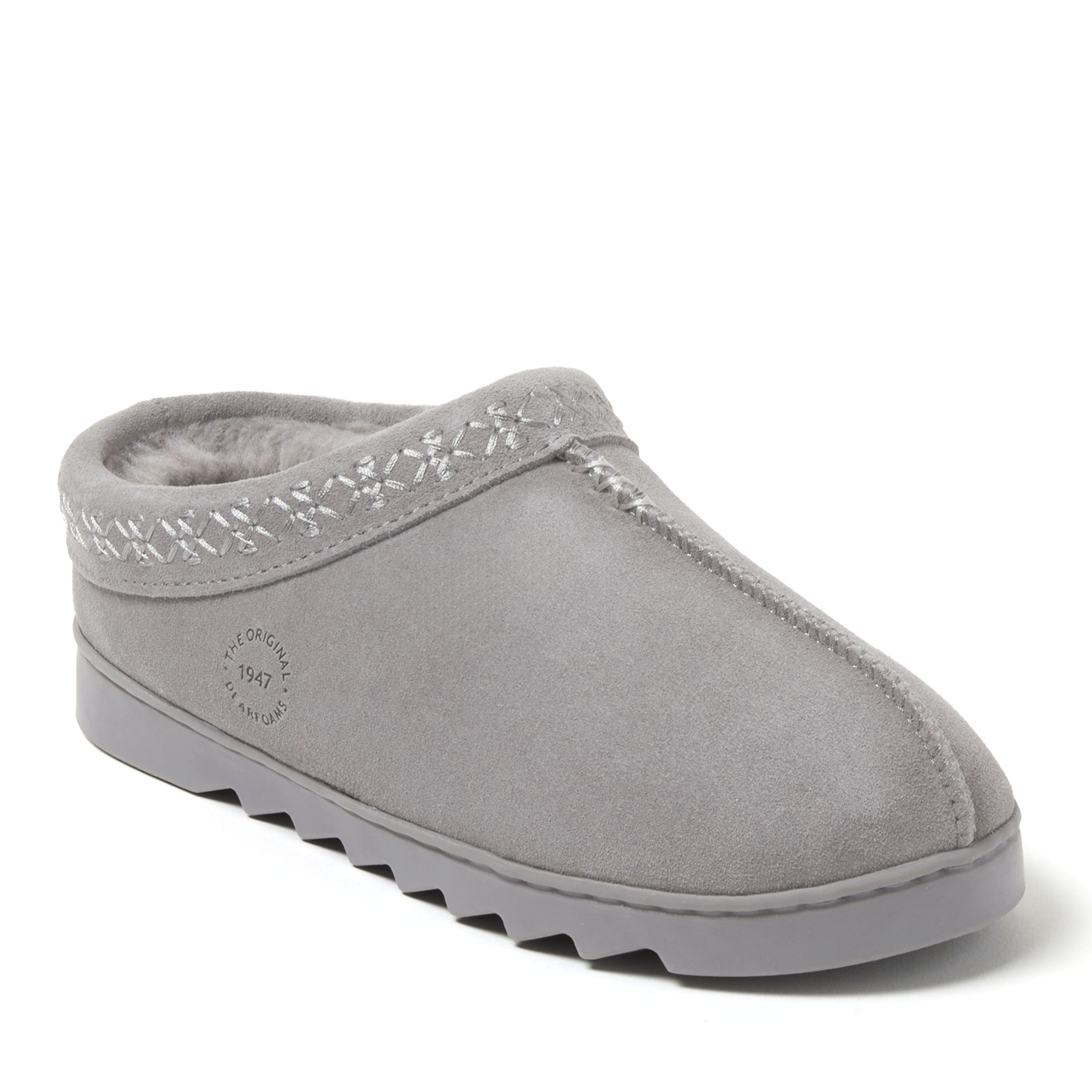 Dearfoams Women's Doreen Genuine Suede Clog with Embroidery, Suede/Faux Shearling, Grey