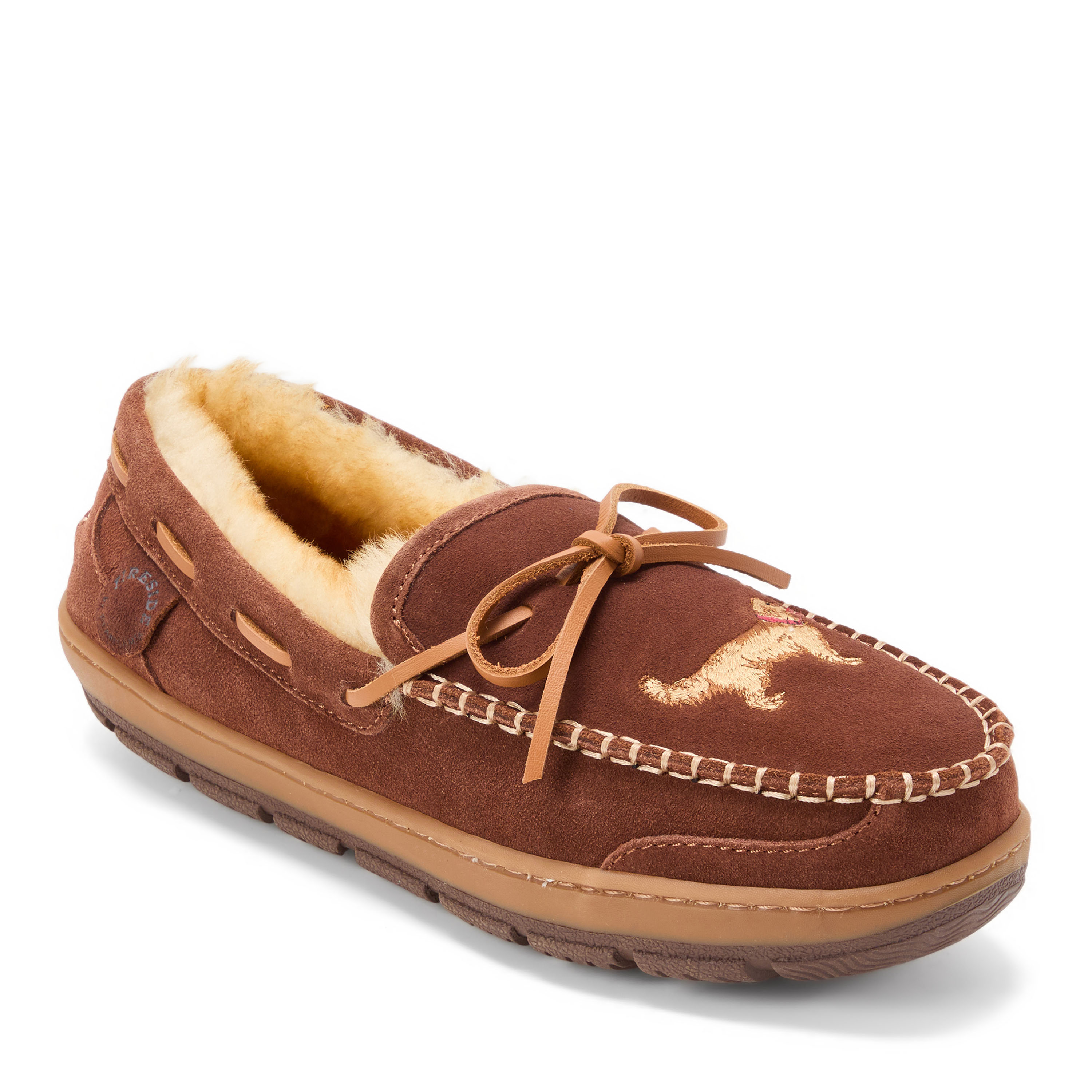 Men's Fireside by Dearfoams Forster Genuine Shearling MoccasinWith Stitching, Suede/Faux Shearling, Potting Soil