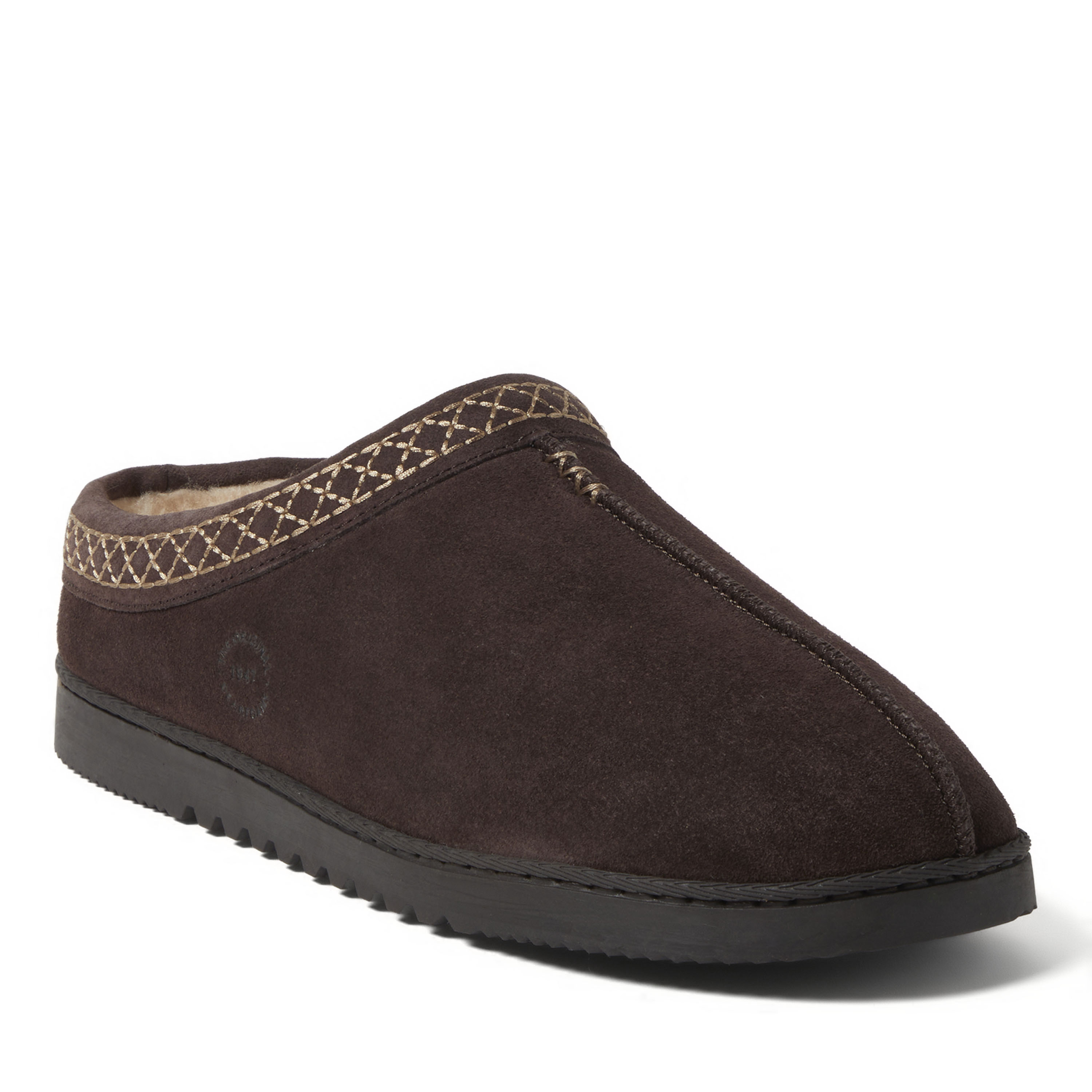 Dearfoams Dean Genuine Suede With Embroidery Mens Clog Slippers, 9, Brown