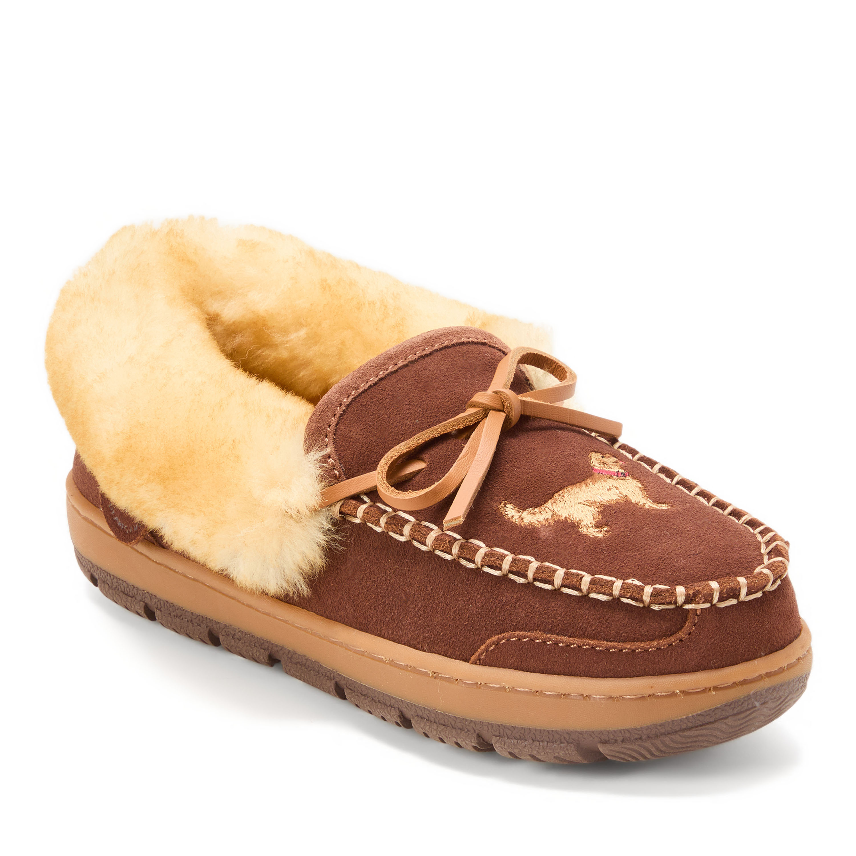 Dearfoams Women's Fireside Gladstone Moccasin Genuine Shearling with Stitching, Suede/Faux Shearling, Potting Soil