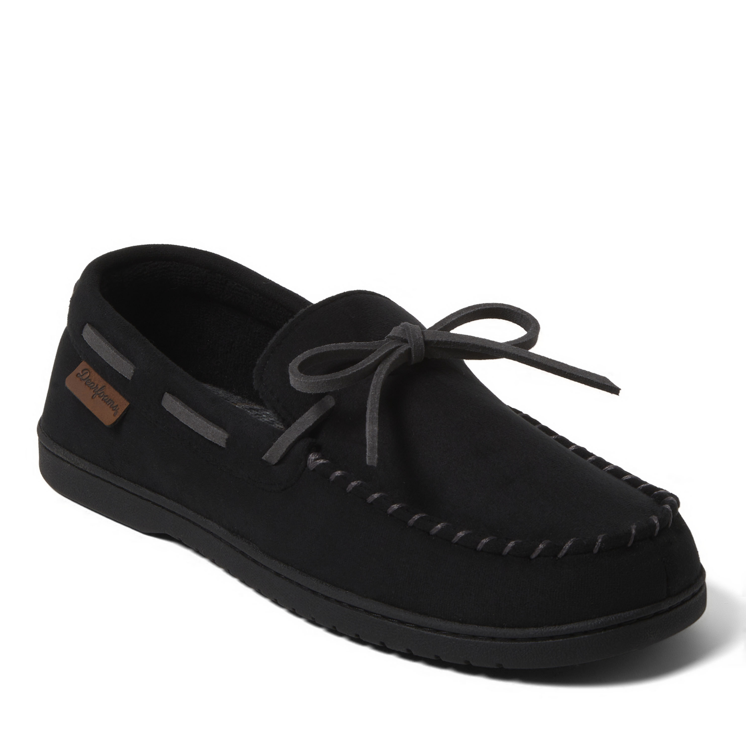 Dearfoams Men's Toby Microsuede Moccasin with Tie and Whipstitch, Black Solid
