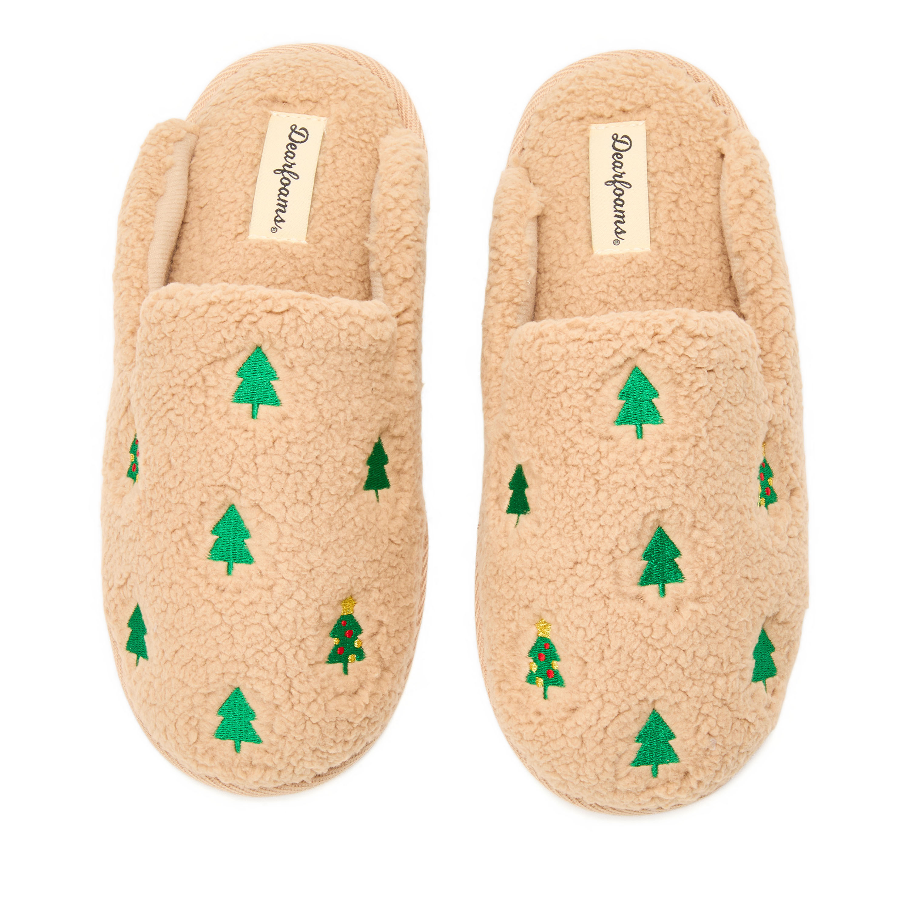Dearfoams Women's Christmas Tree Teddy Scuff Slipper - Latte