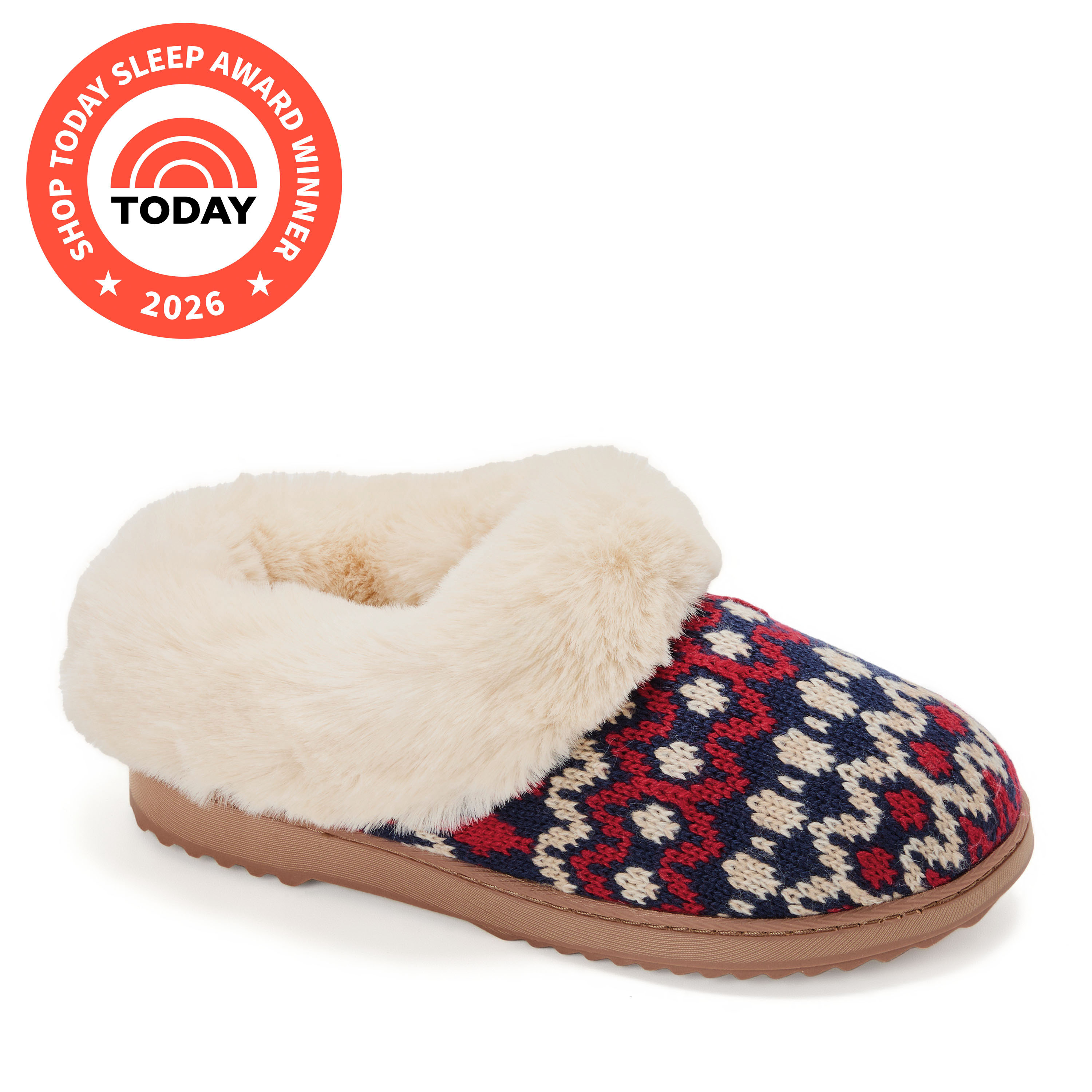 Dearfoams Hannah Festive Knit Womens Memory Foam Clog Slippers, Small, Red