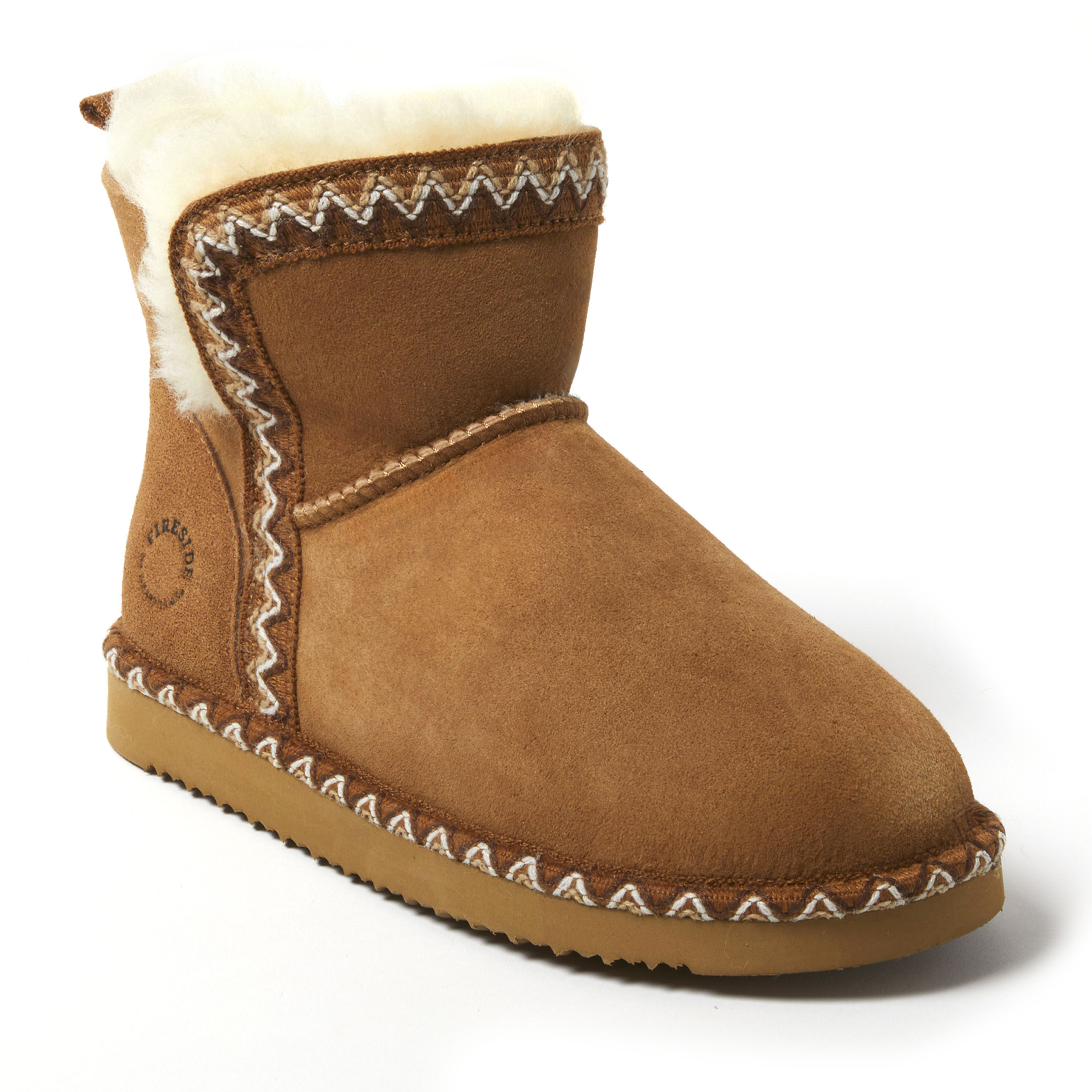 Women's Fireside by Dearfoams Perth Genuine Shearling Fold Down Bootie With Taping, Suede/Faux Shearling, Chestnut