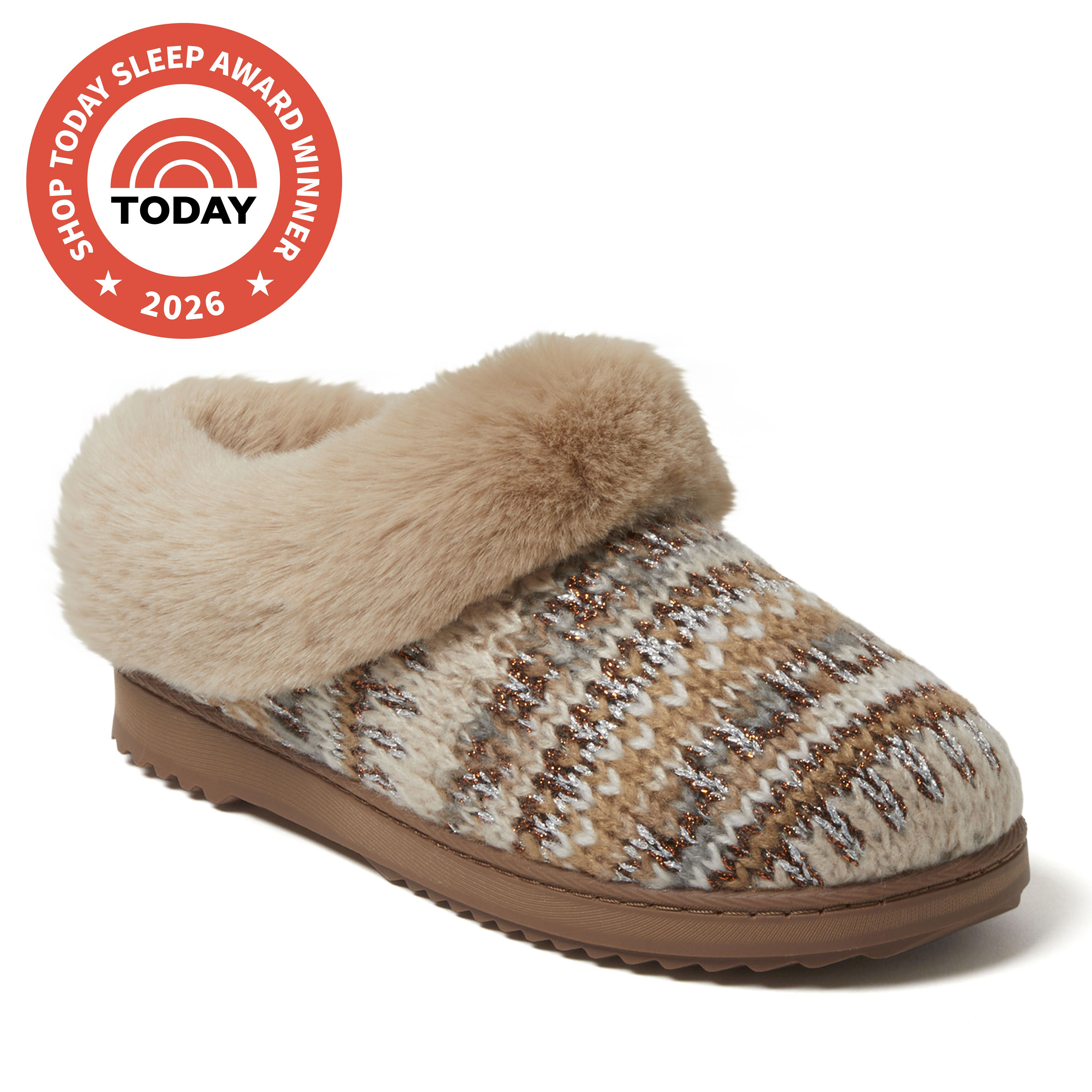 Dearfoams Hannah Festive Knit Womens Memory Foam Clog Slippers, Medium, Brown