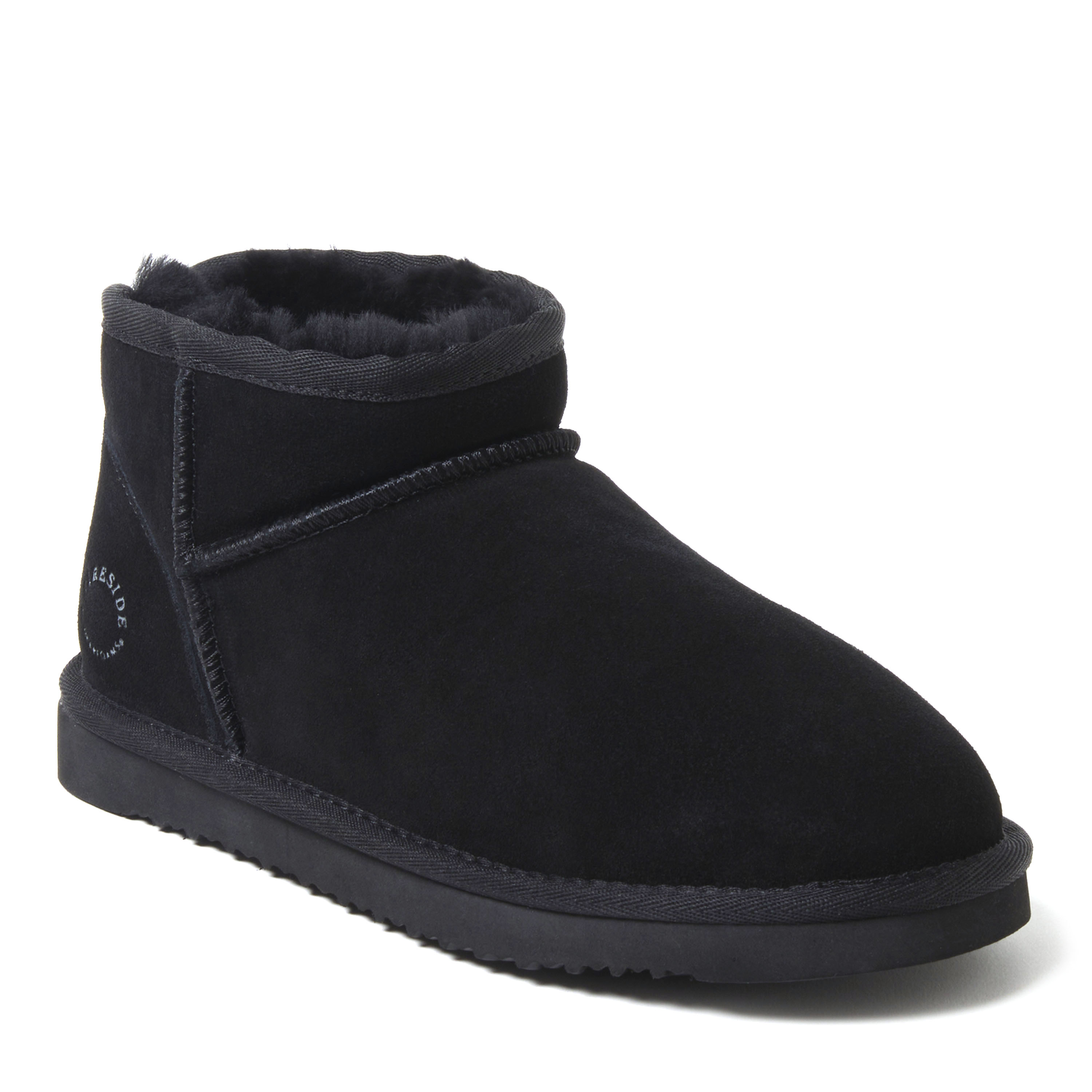 Women's Fireside by Dearfoams Riverland Genuine Shearling Micro Bootie, Suede/Faux Shearling, Black