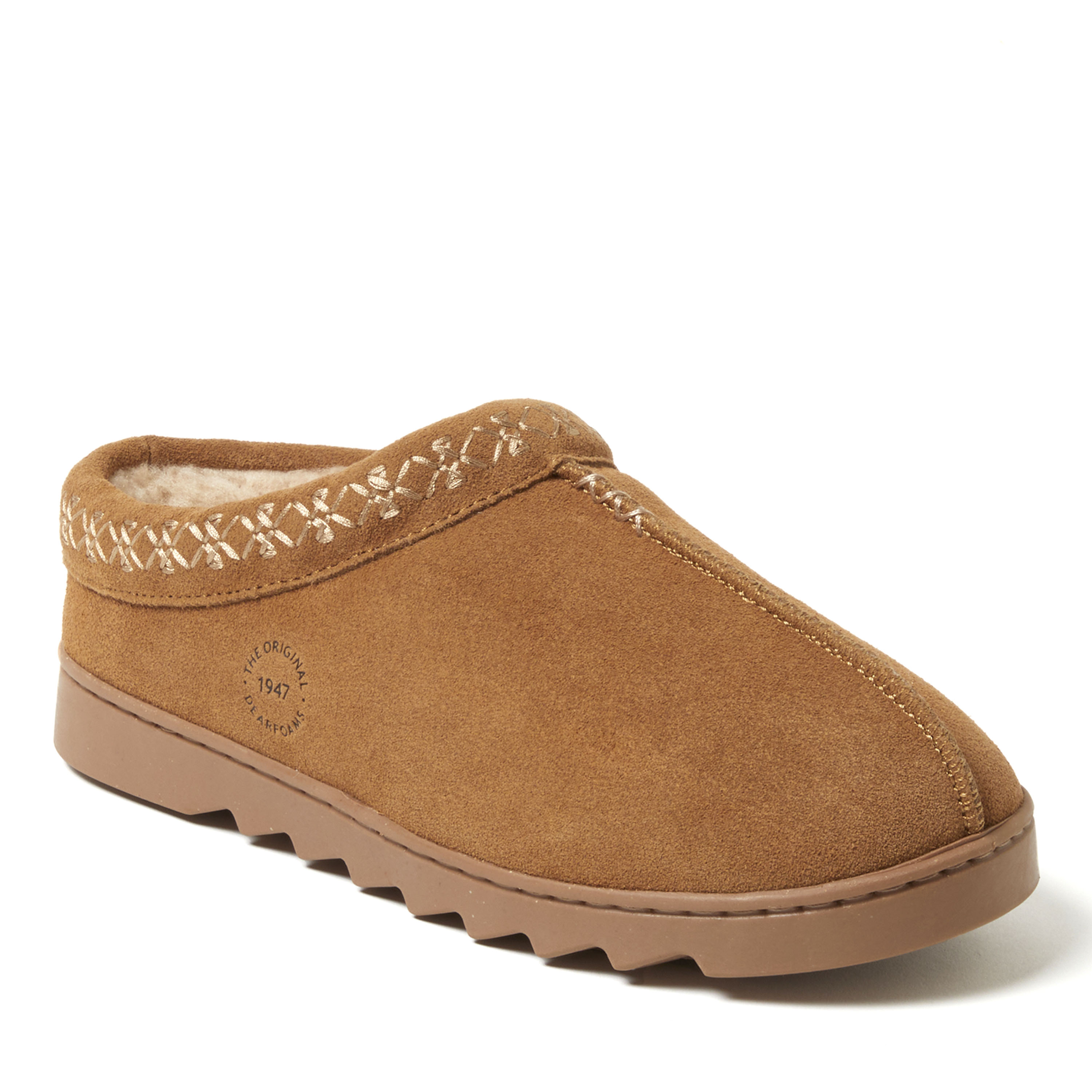 Dearfoams Women's Doreen Genuine Suede Clog with Embroidery, Suede/Faux Shearling, Chestnut