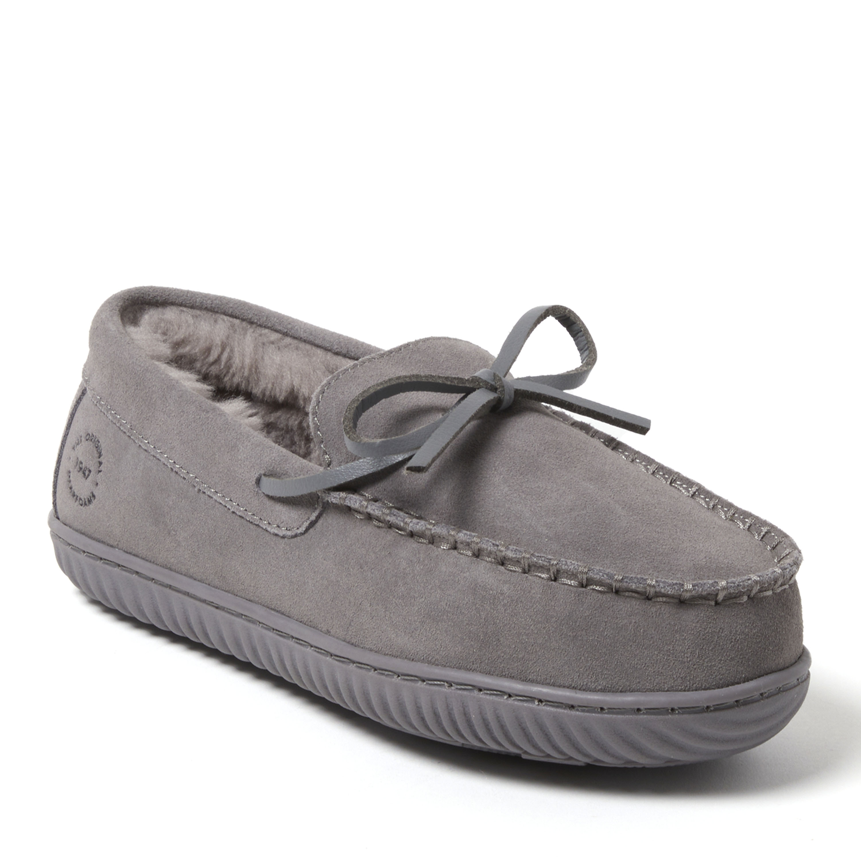 Dearfoams Harriet Genuine Suede Moc Womens Slip-On Slippers, 6, Gray