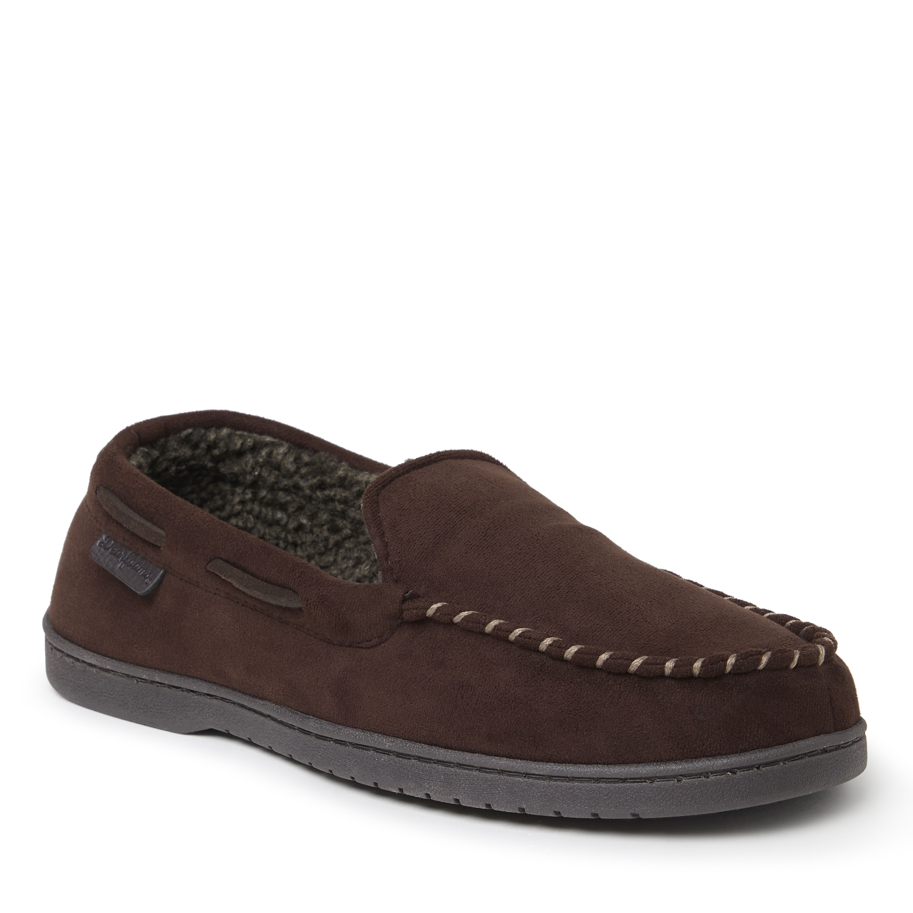 Dearfoams Keaton Perforated Microfiber Suede Moc W Whipstitch Mens Moccasin Slippers, Large, Brown