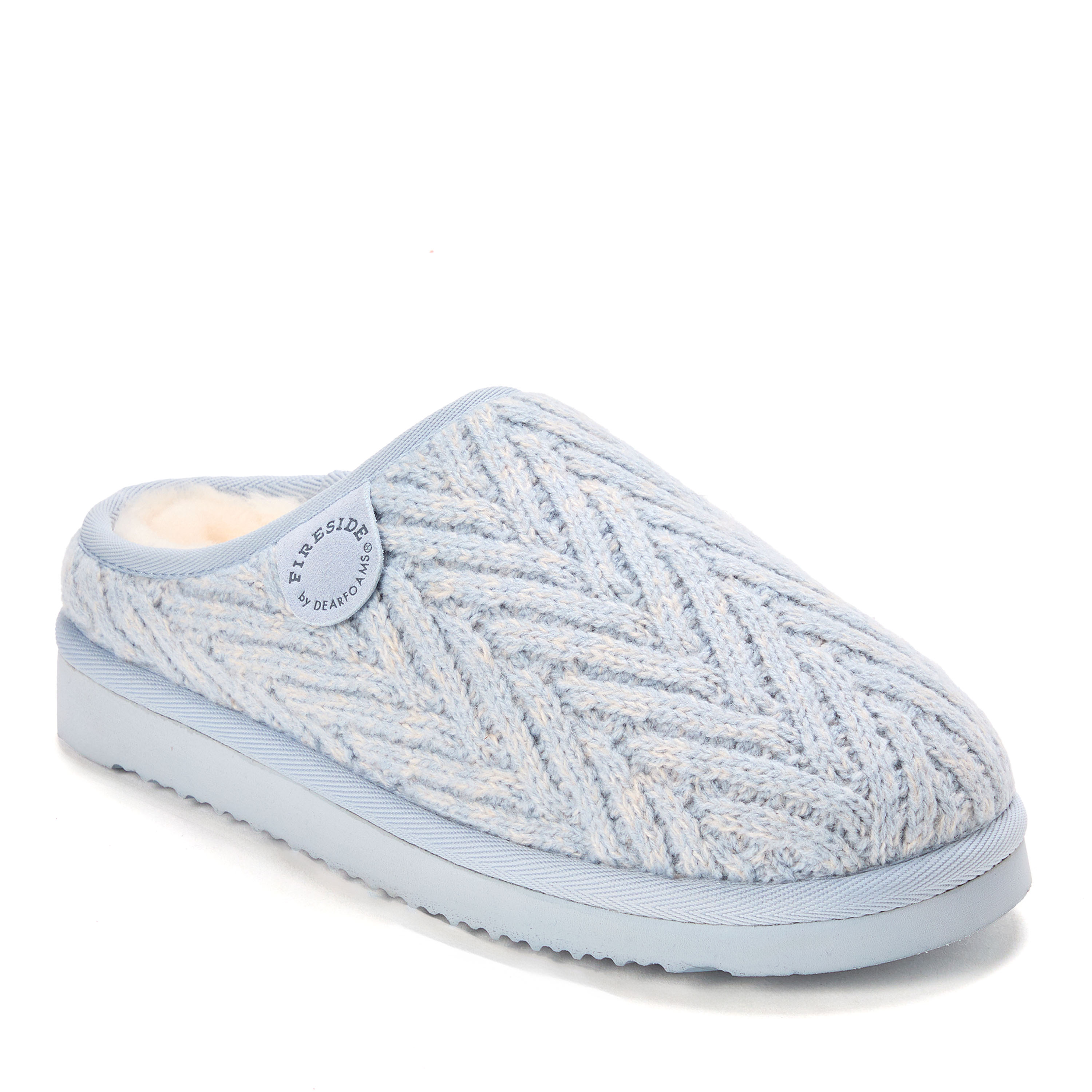 Dearfoams Women's Greta Genuine Shearling Knit Clog Slipper - Light blue