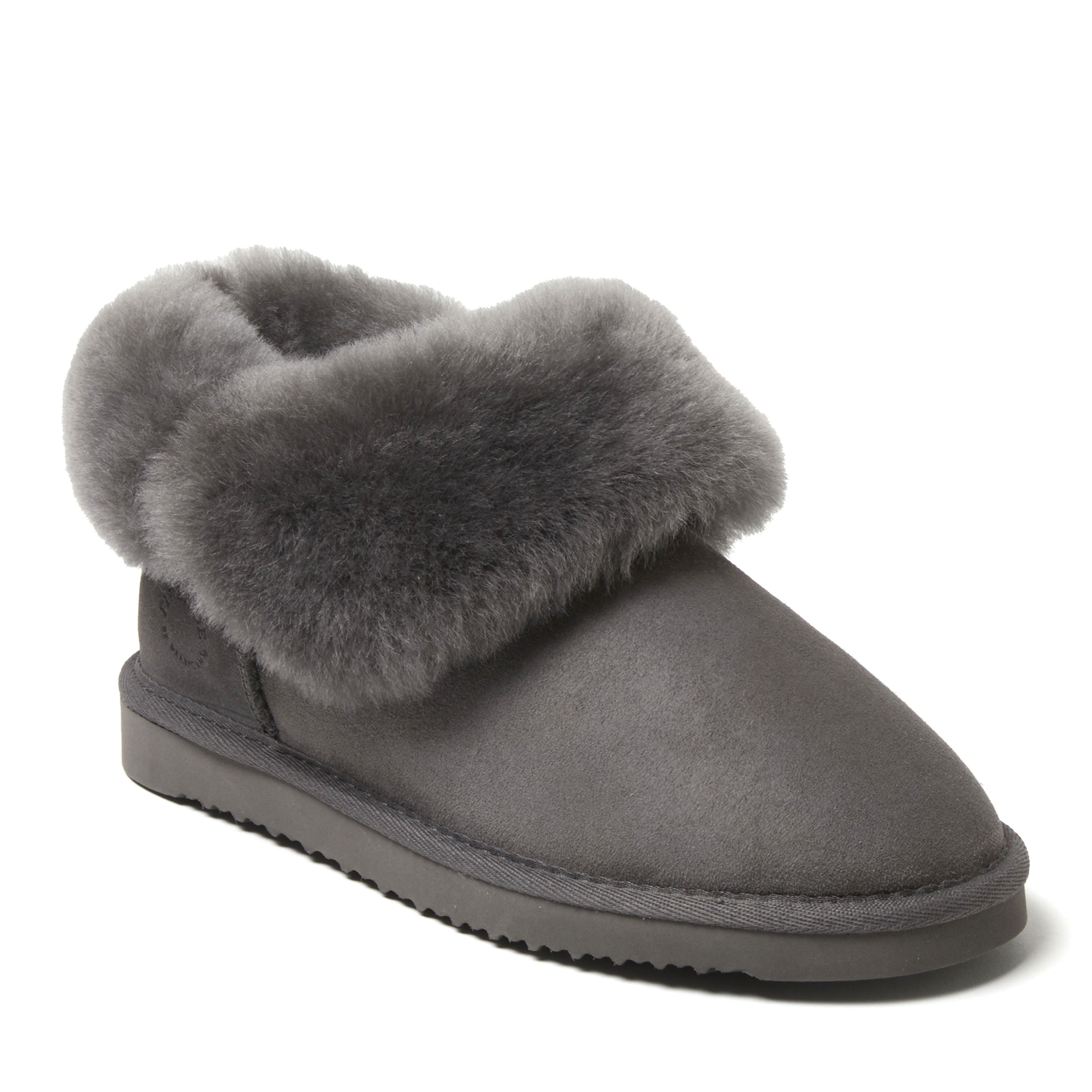 Women's Fireside by Dearfoams Perth Genuine Shearling Foldover Boot Slipper, Suede/Faux Shearling, Grey