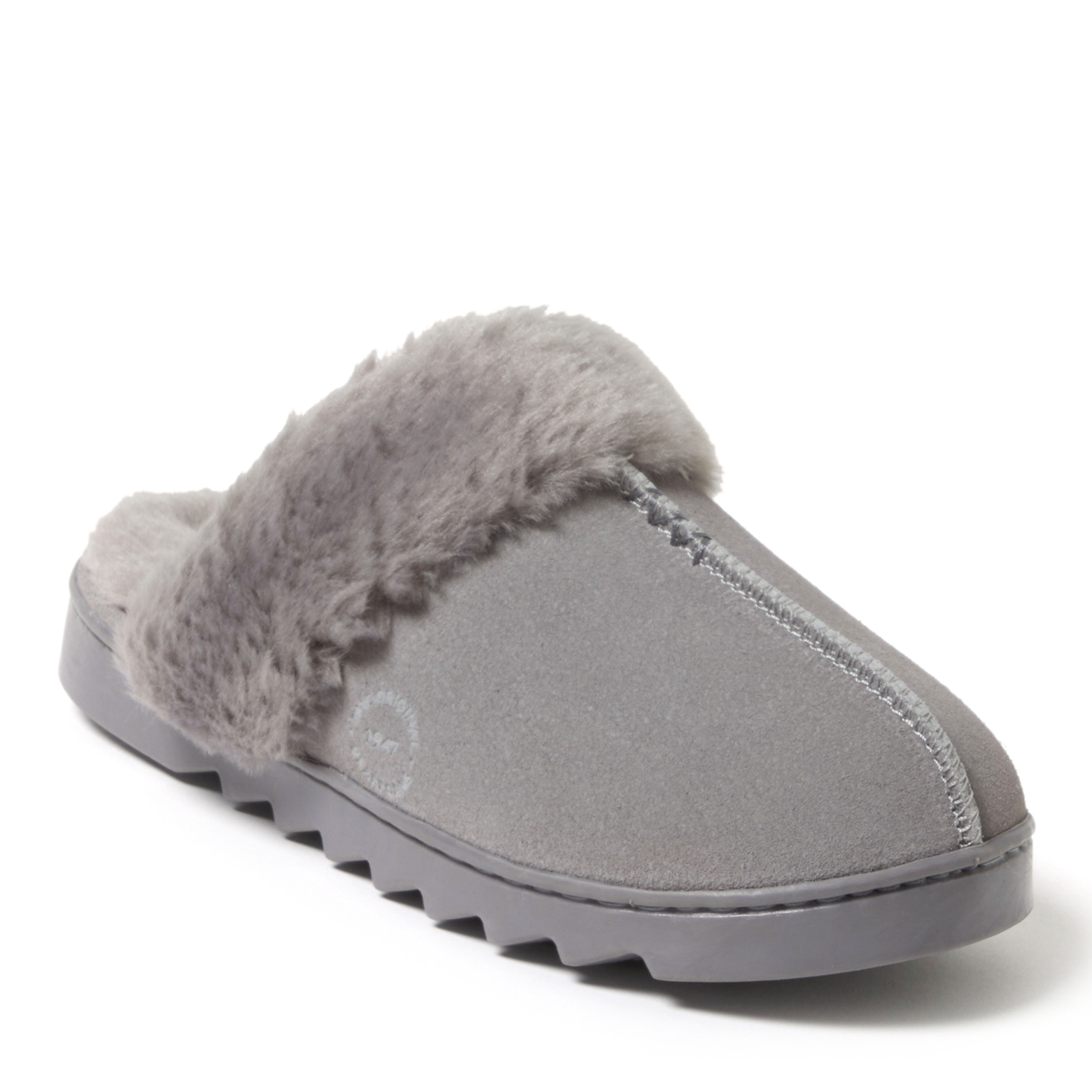 Dearfoams Women's Helena Genuine Suede Scuff With Prayer Seam, Suede/Faux Shearling, Grey
