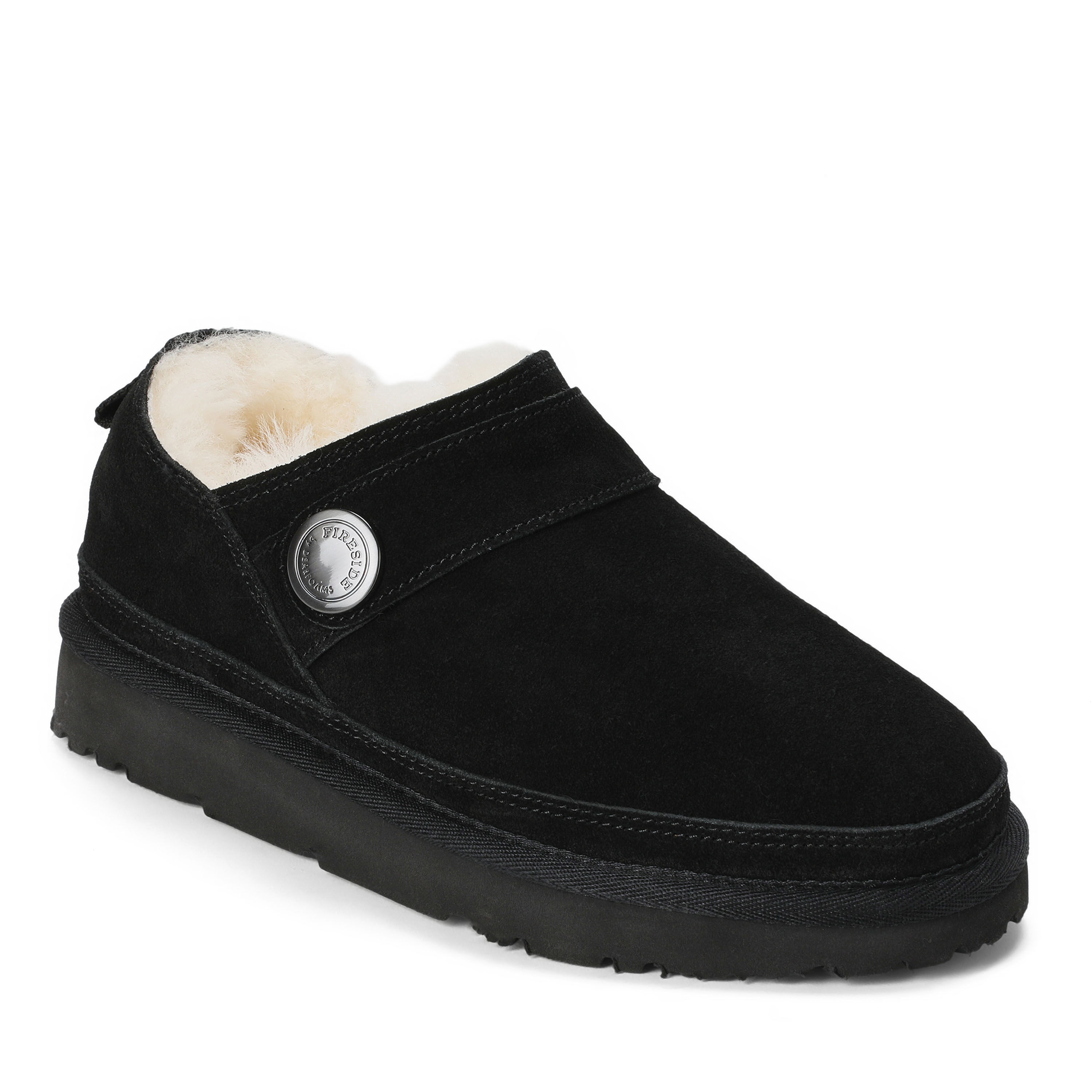 Women's Fireside by Dearfoams Coin Mini Bootie - Water Resistant, Suede/Faux Shearling, Black