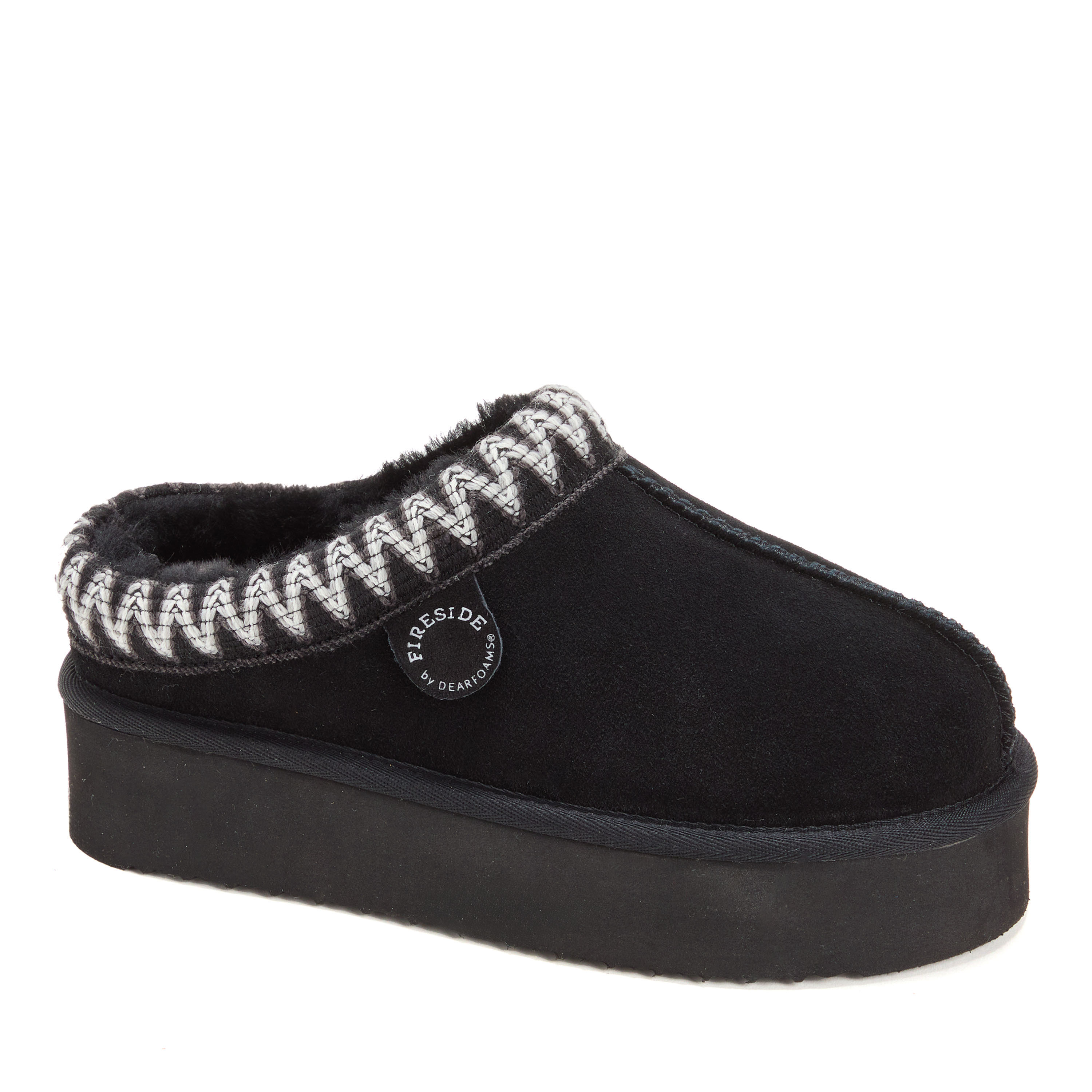 Women's Fireside by Dearfoams Queenstown Genuine Shearling Clog With Taping, Suede/Faux Shearling, Black